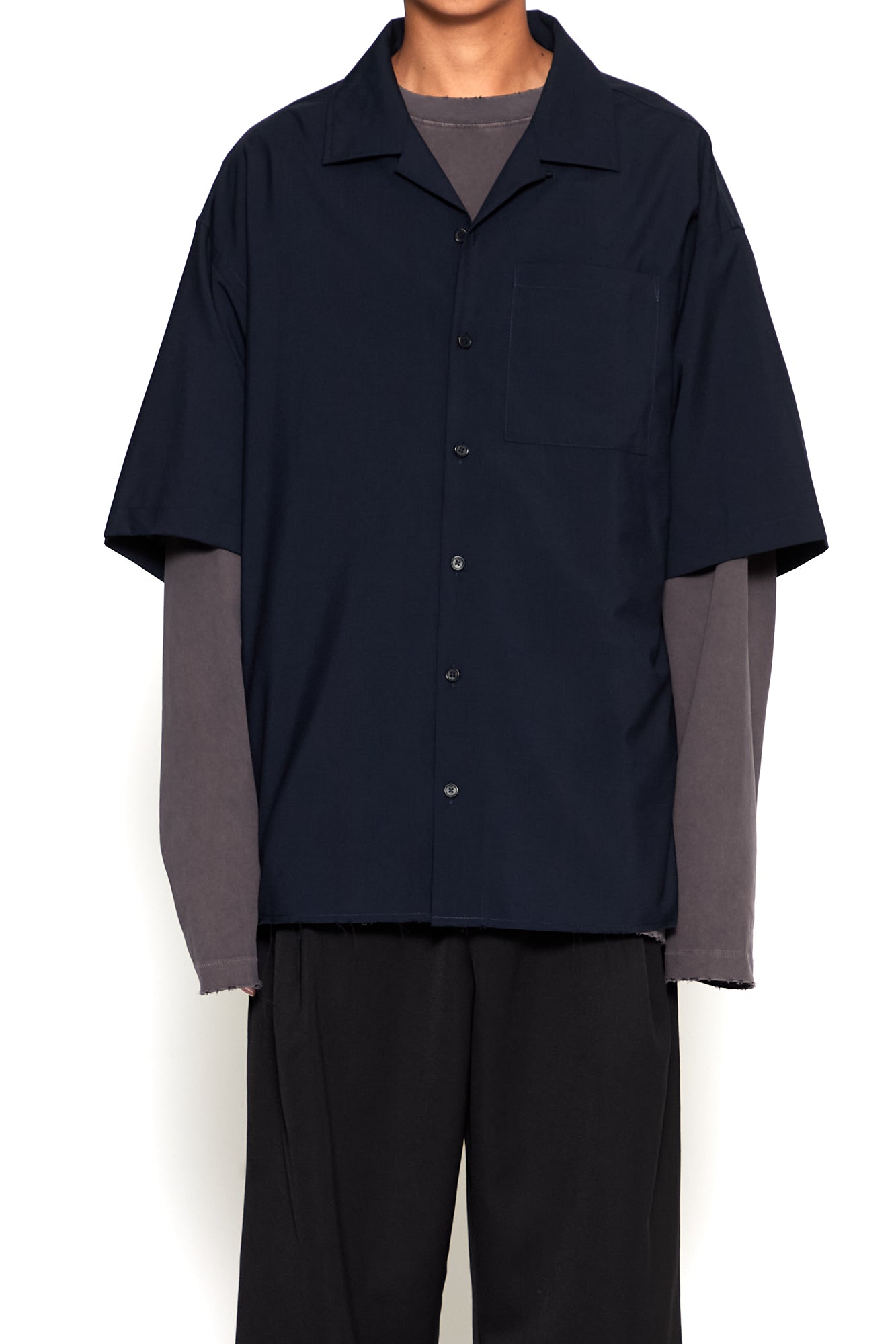 Load image into Gallery viewer, NAVY WOOL POLY RAW EDGES OPEN COLLAR BOX SHIRT
