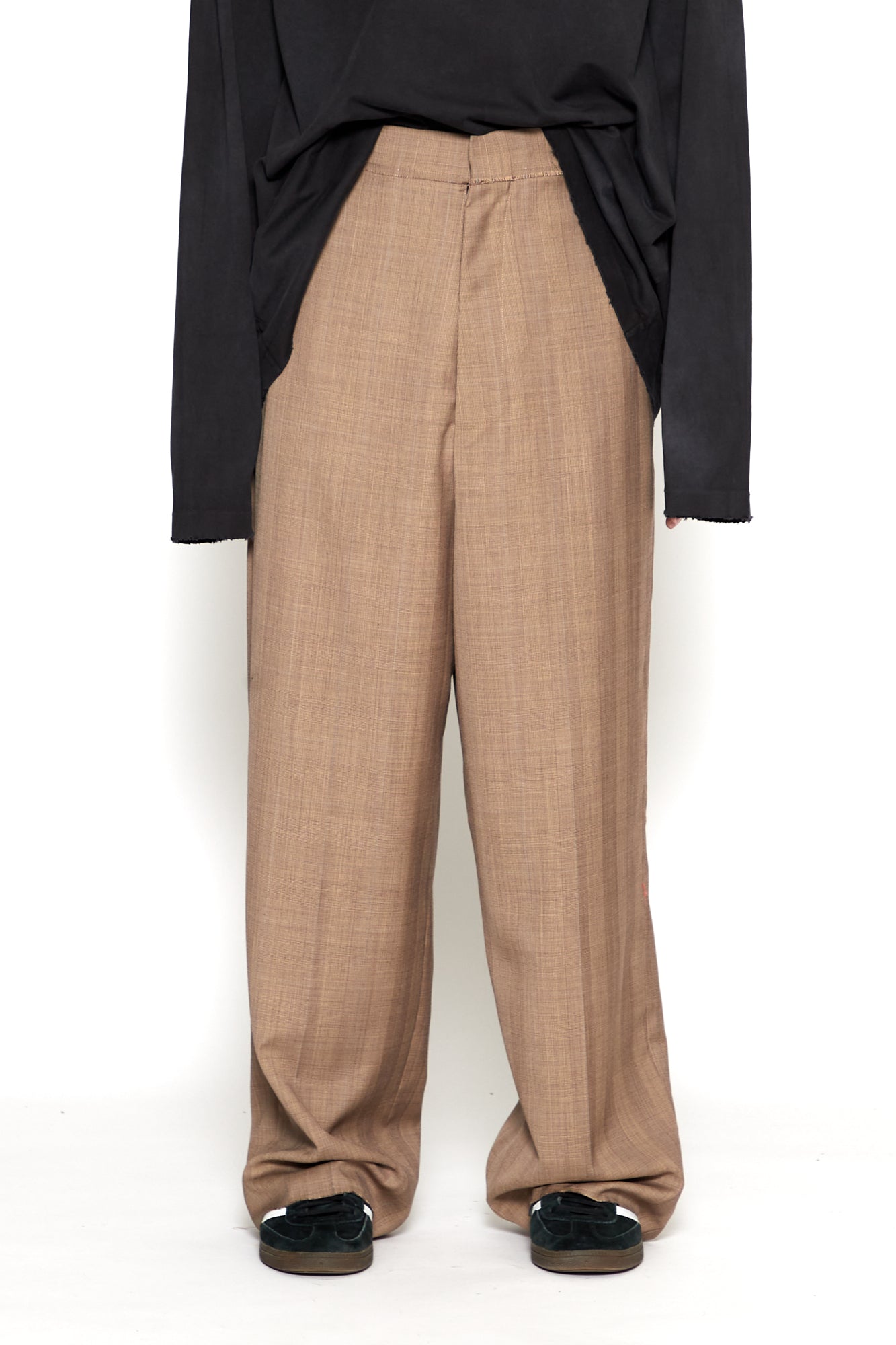 BROWN CHECK WOOL EXTENDED CUT TAILORED WIDE SLACK