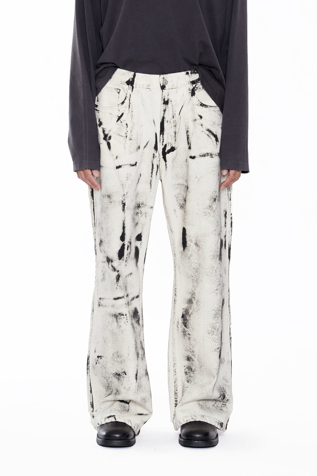 BEIGE DUAL EXPOSURE BREAK CUT FLARED JEANS