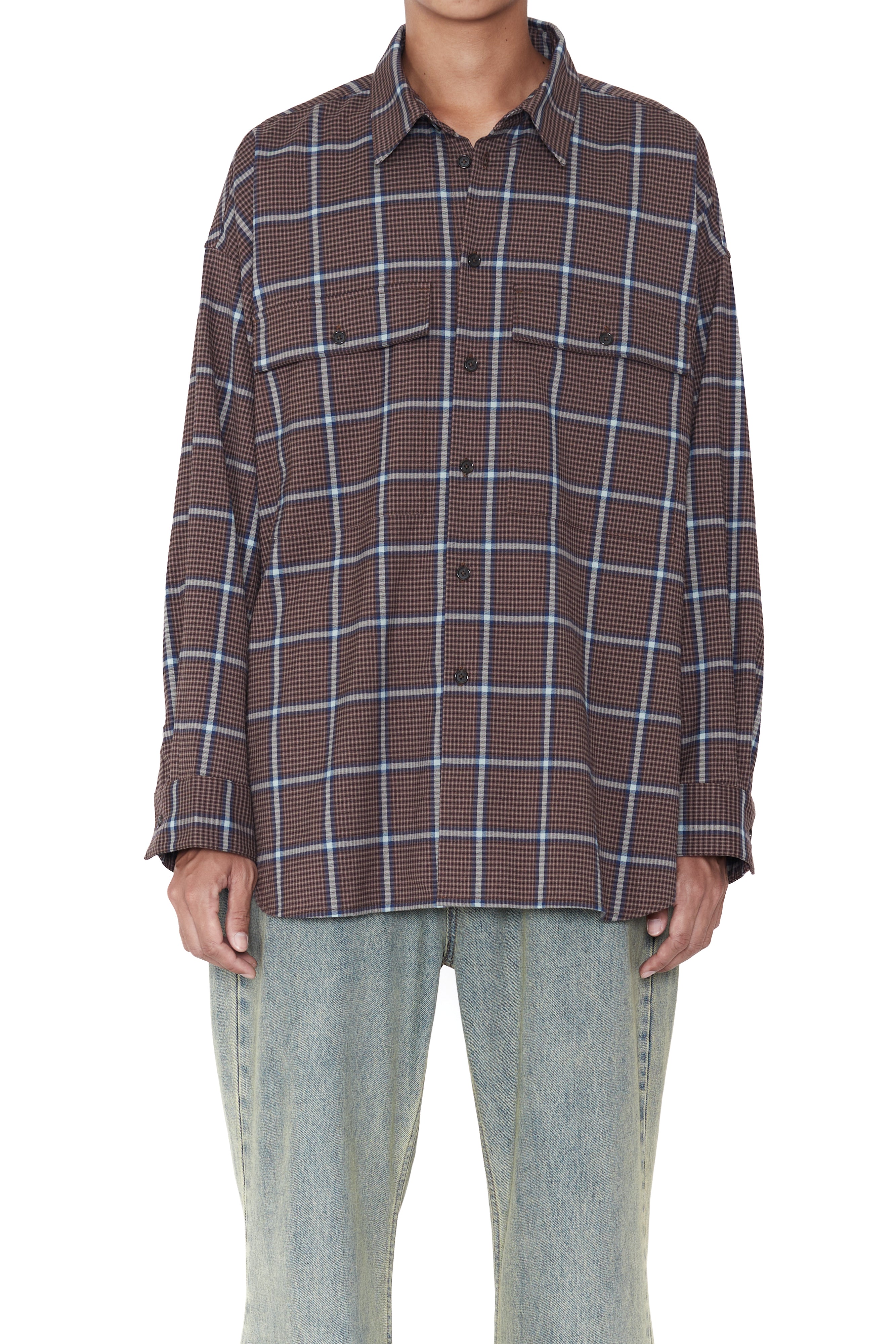 Load image into Gallery viewer, BROWN CHECK OVERSIZED MILITARY POCKET SHIRT
