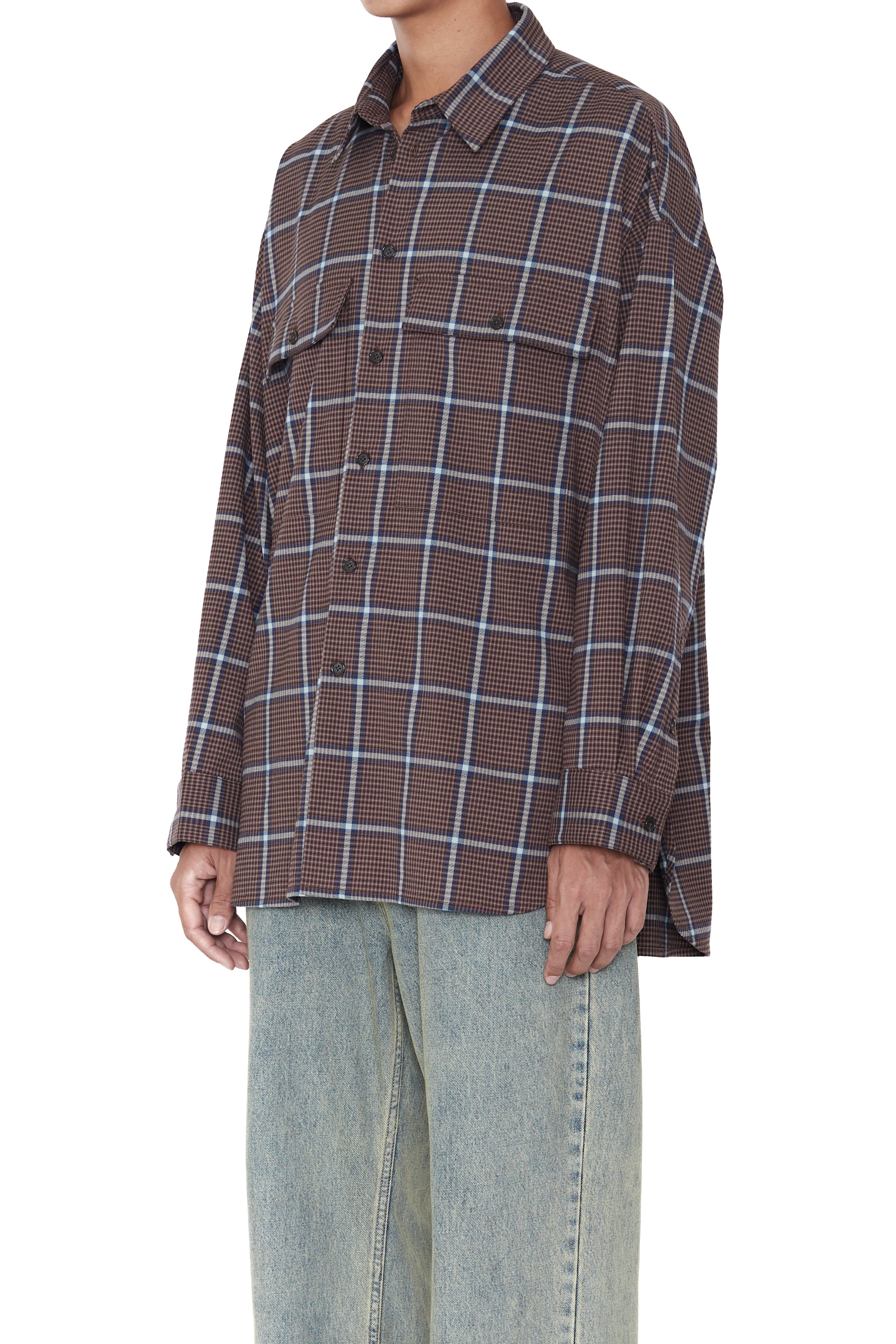 Load image into Gallery viewer, BROWN CHECK OVERSIZED MILITARY POCKET SHIRT
