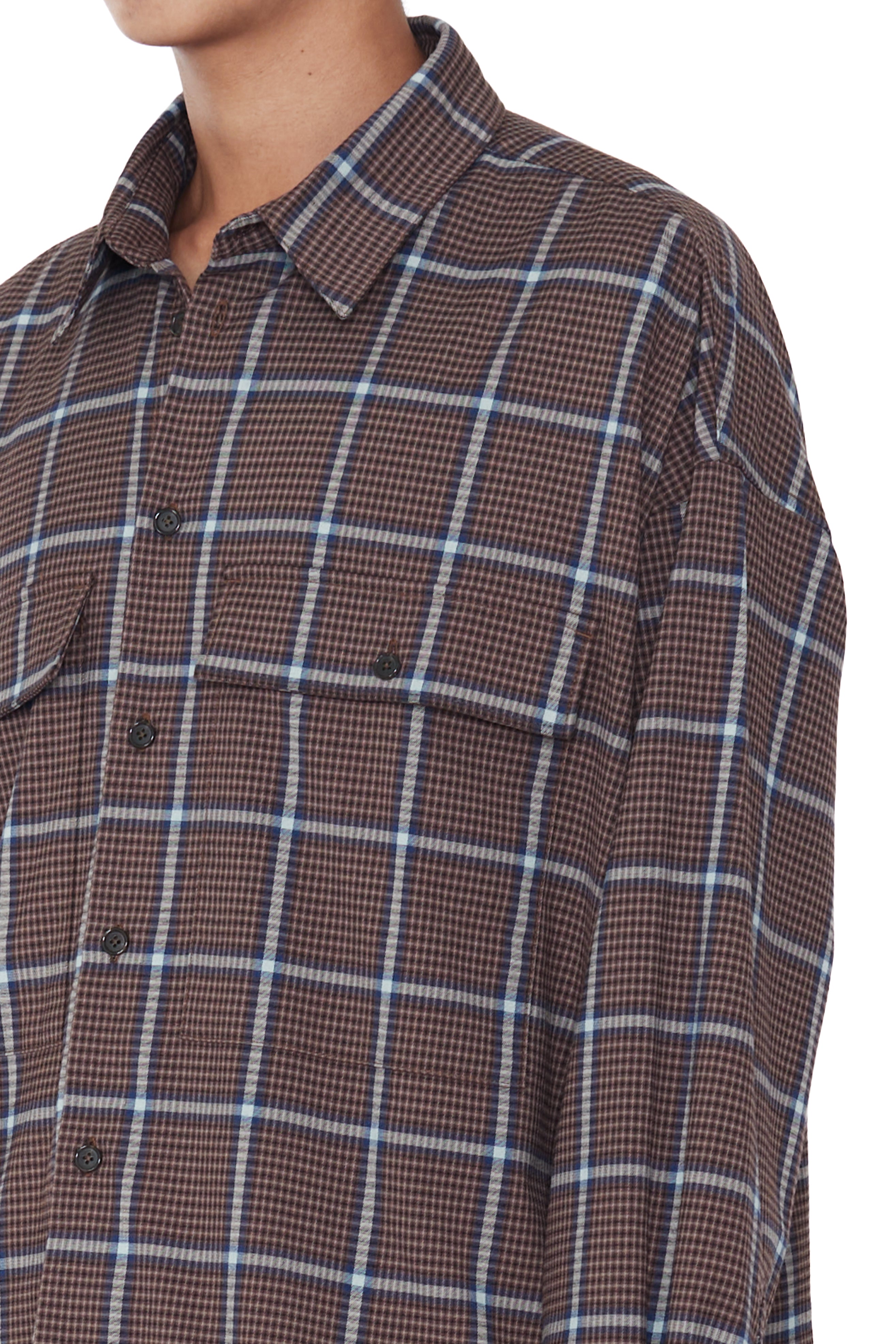 Load image into Gallery viewer, BROWN CHECK OVERSIZED MILITARY POCKET SHIRT
