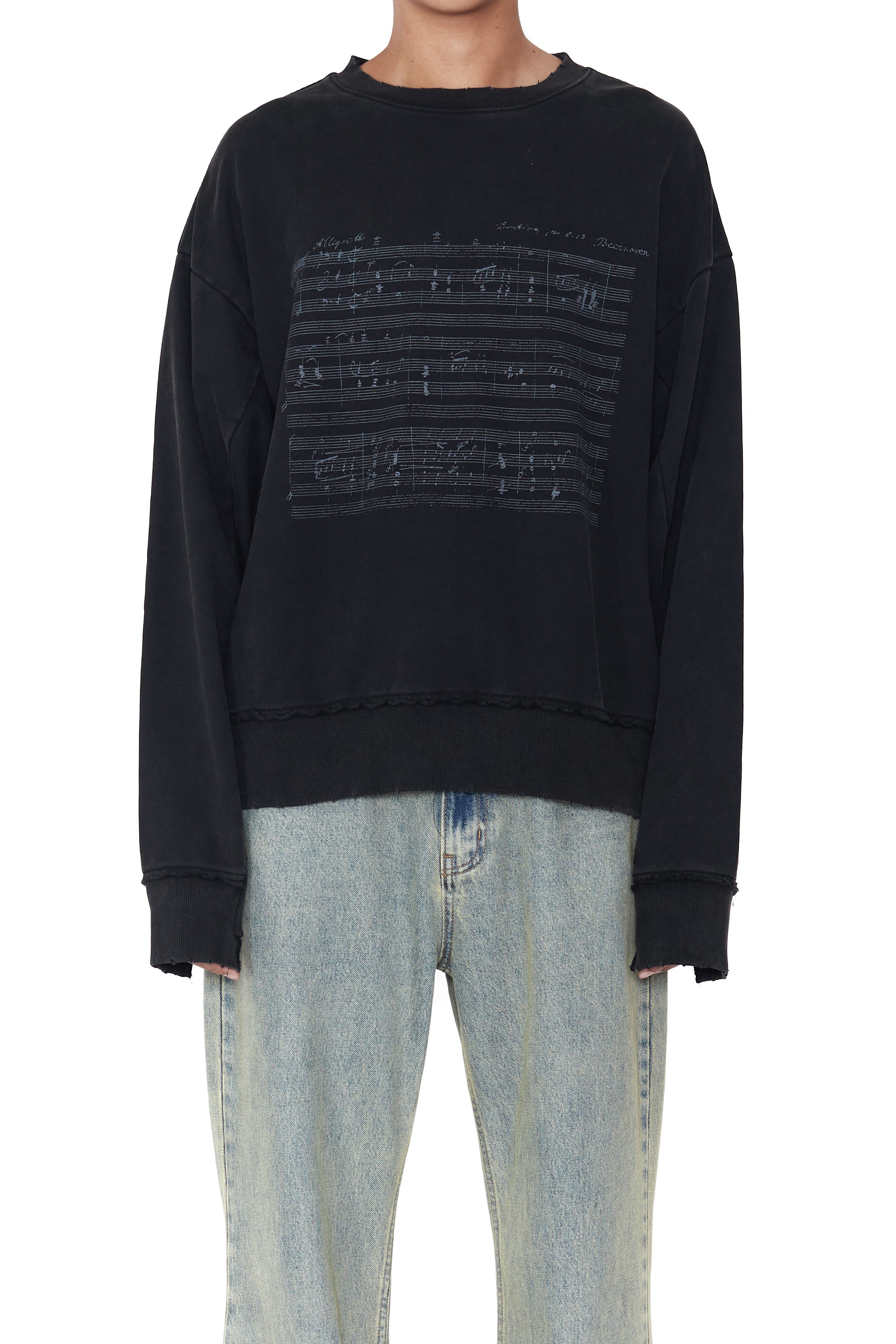 Load image into Gallery viewer, BLACK WASHED DISTRESSED AGING SHEET MUSIC SWEATSHIRT
