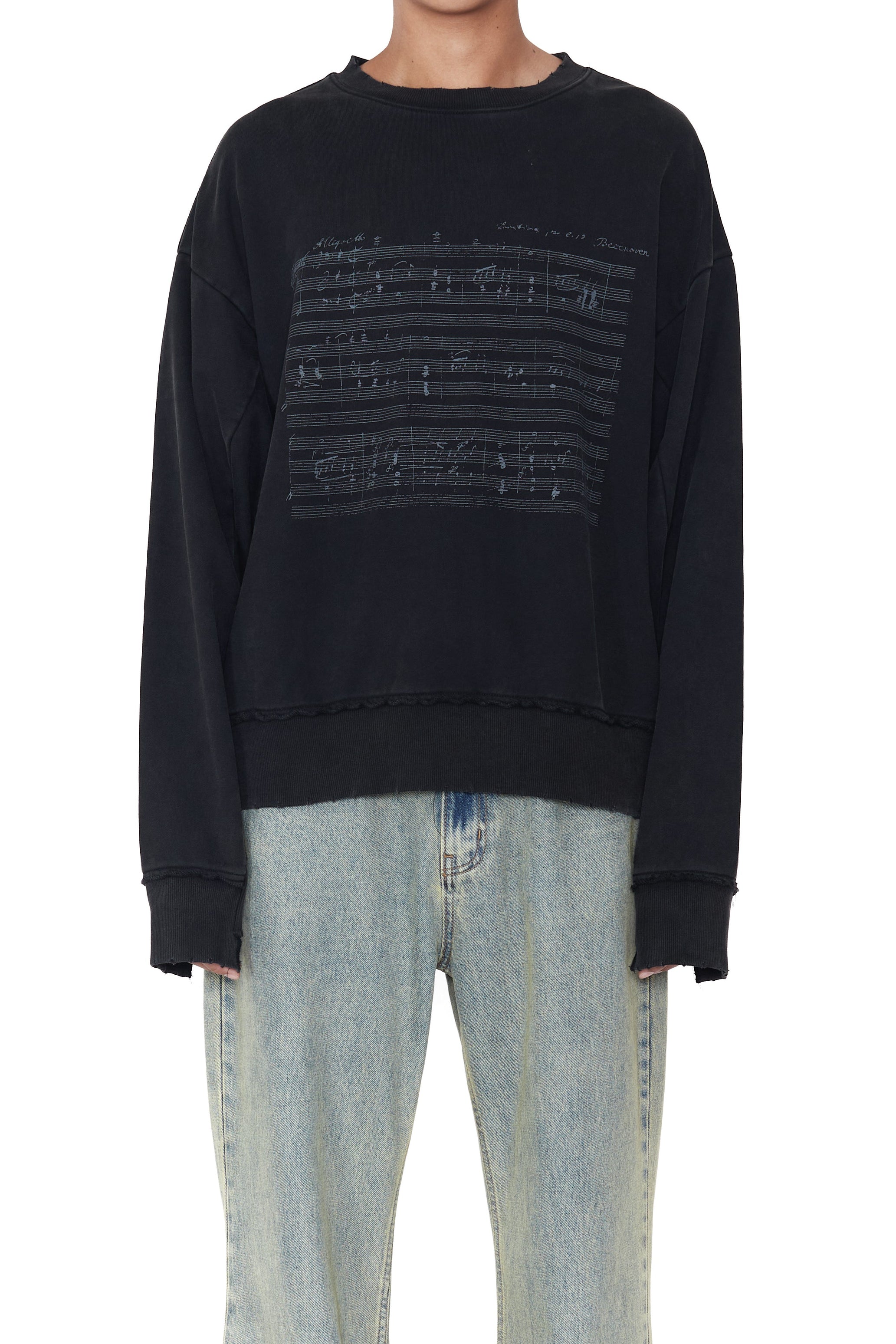 BLACK WASHED DISTRESSED AGING SHEET MUSIC SWEATSHIRT