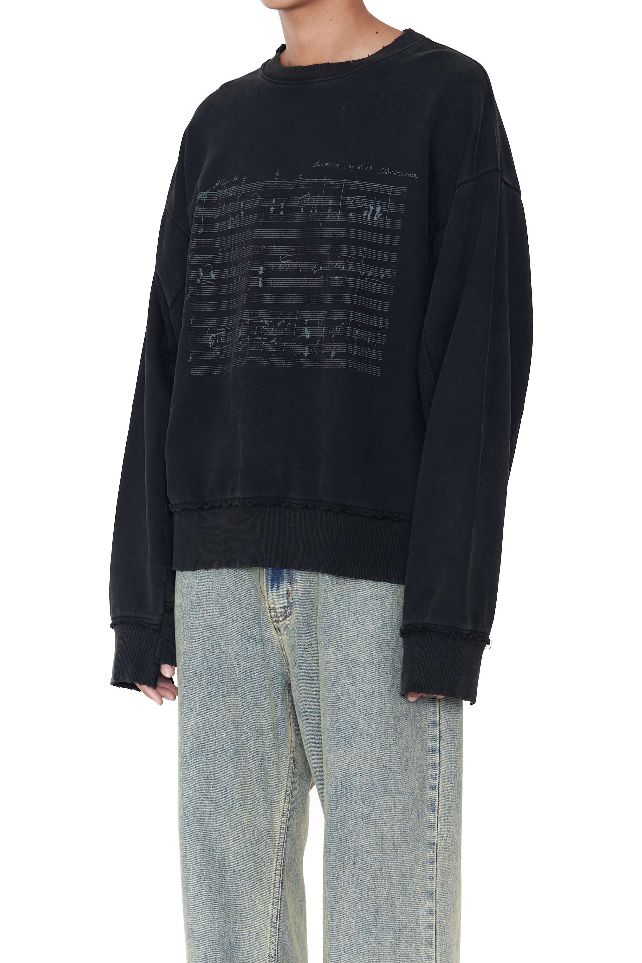 Load image into Gallery viewer, BLACK WASHED DISTRESSED AGING SHEET MUSIC SWEATSHIRT
