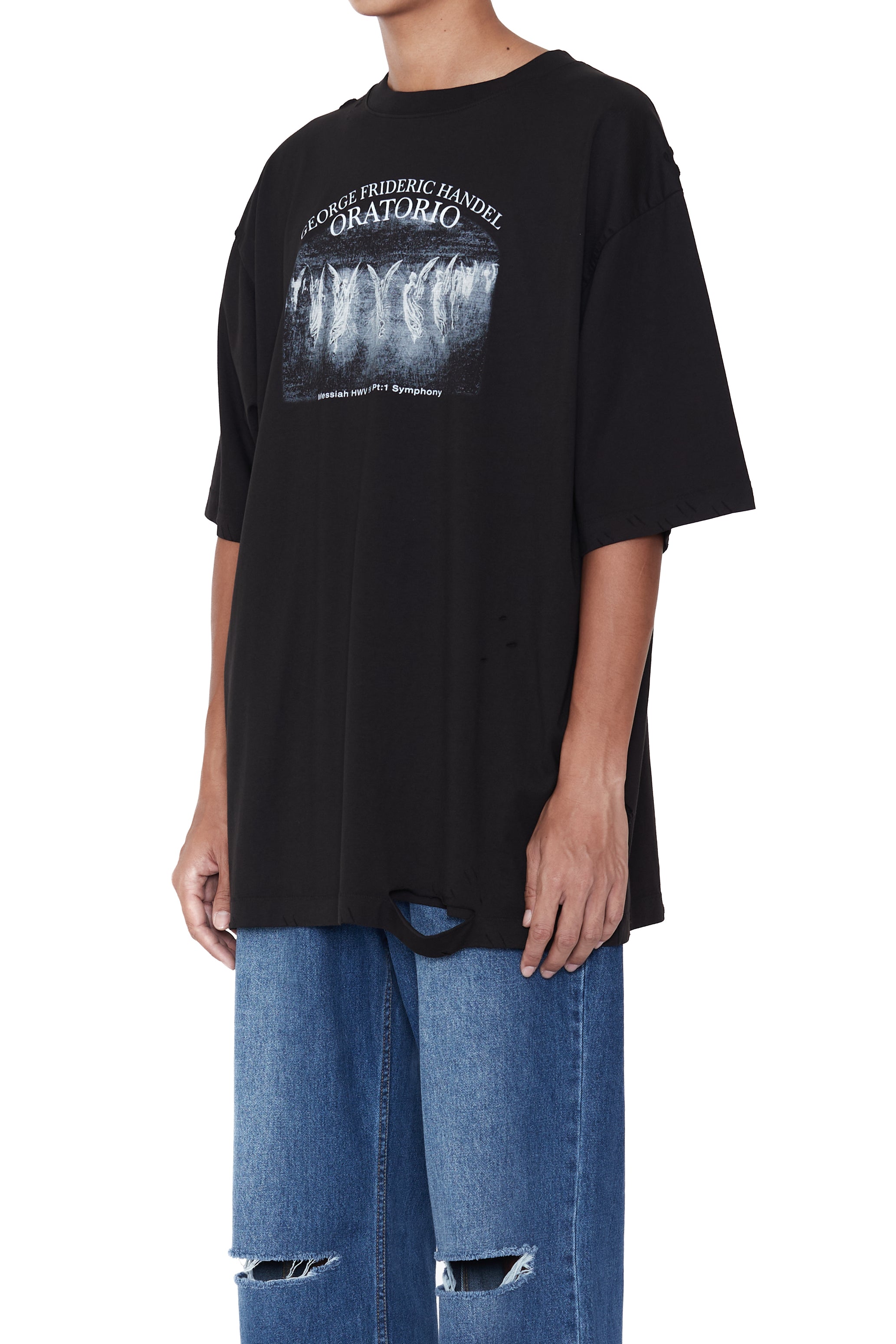 BLACK AGING SOUVENIR PRINTED DOUBLE LAYERED DISTROYED T-SHIRT