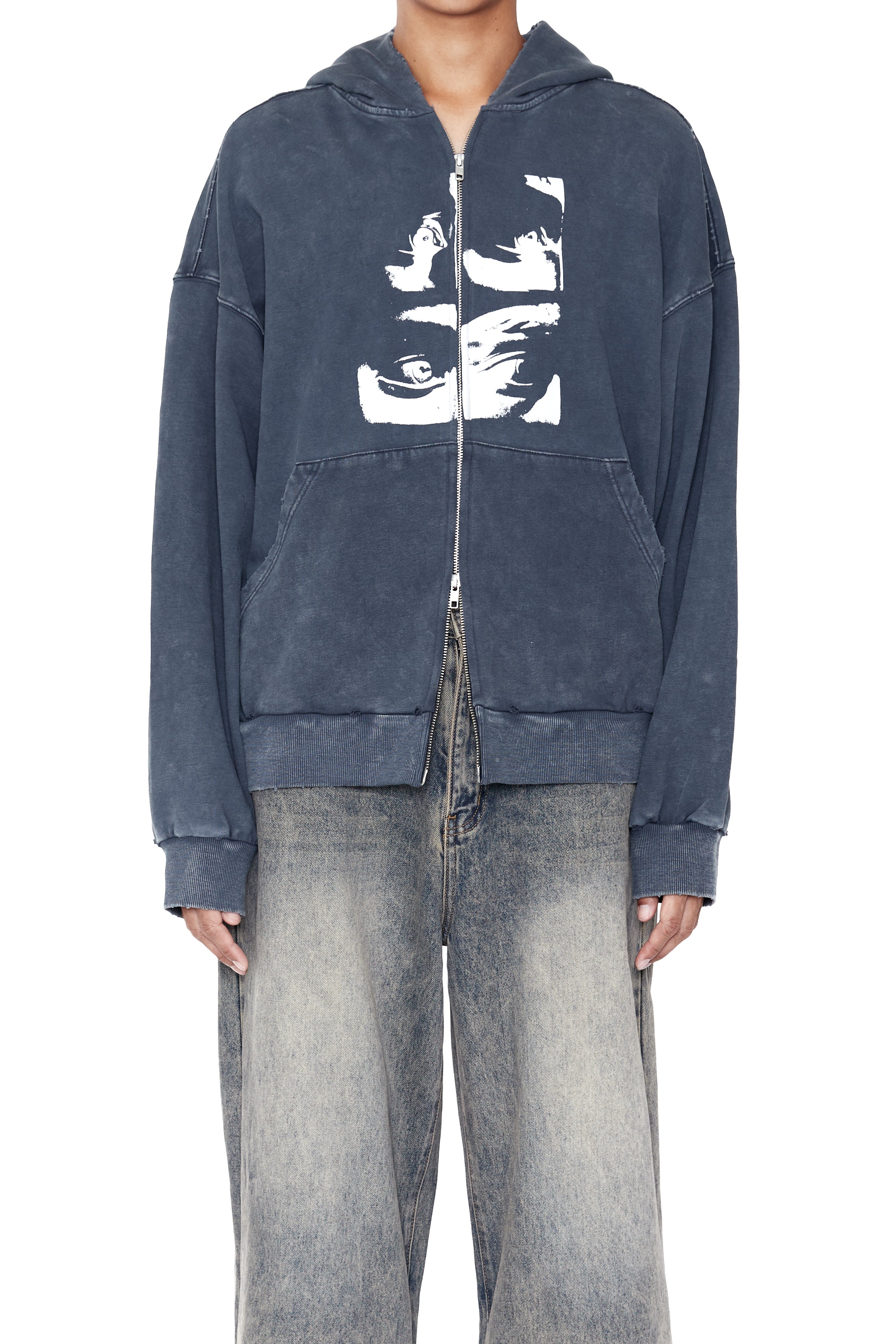 Load image into Gallery viewer, FADED NAVY WASHED PRINTED DISTRESSED ZIP UP HOODIE

