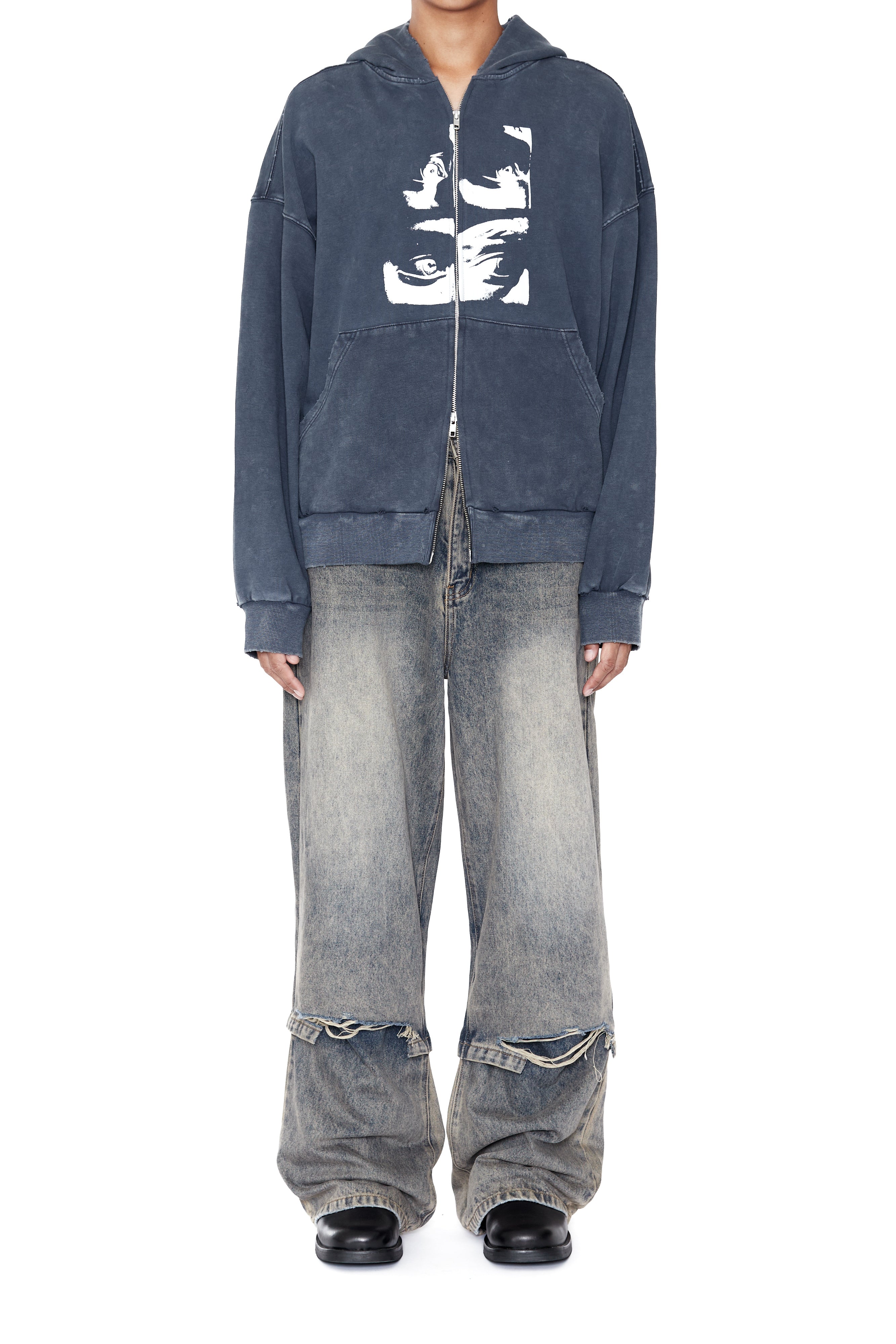 Load image into Gallery viewer, FADED NAVY WASHED PRINTED DISTRESSED ZIP UP HOODIE
