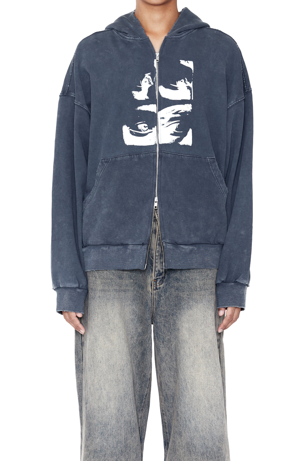 FADED NAVY WASHED PRINTED DISTRESSED ZIP UP HOODIE
