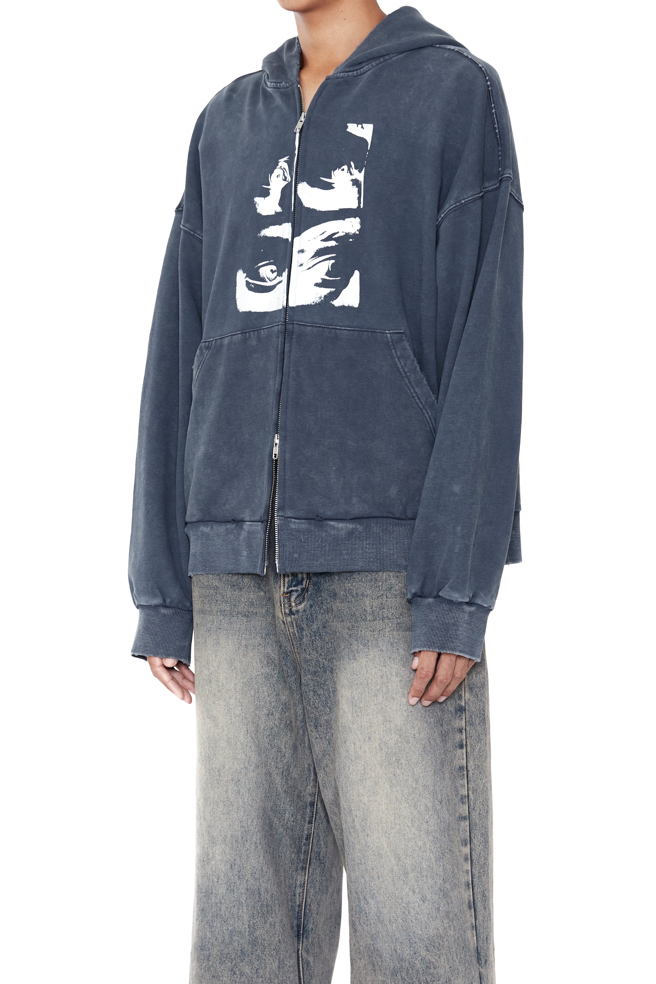 Load image into Gallery viewer, FADED NAVY WASHED PRINTED DISTRESSED ZIP UP HOODIE
