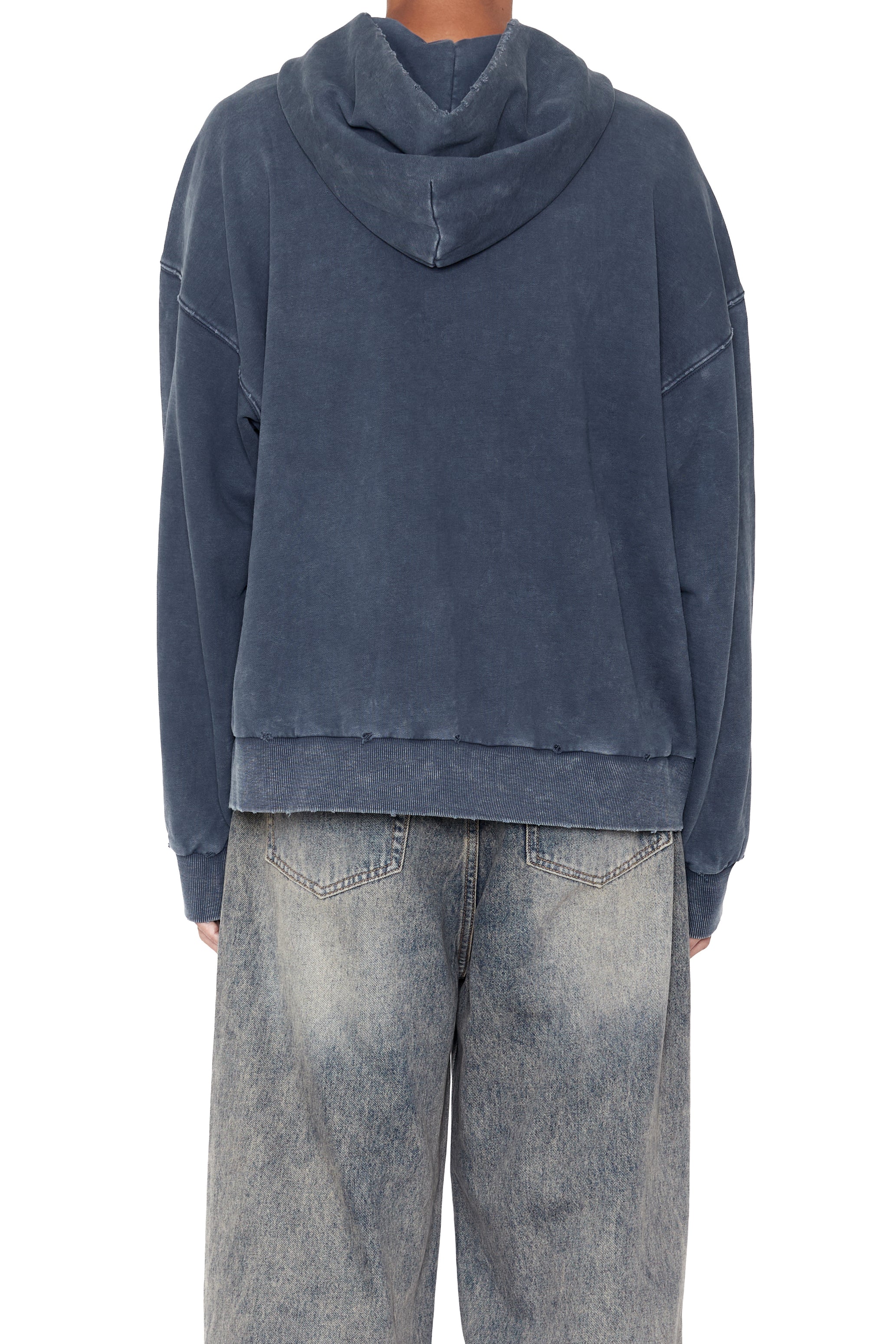 FADED NAVY WASHED PRINTED DISTRESSED ZIP UP HOODIE