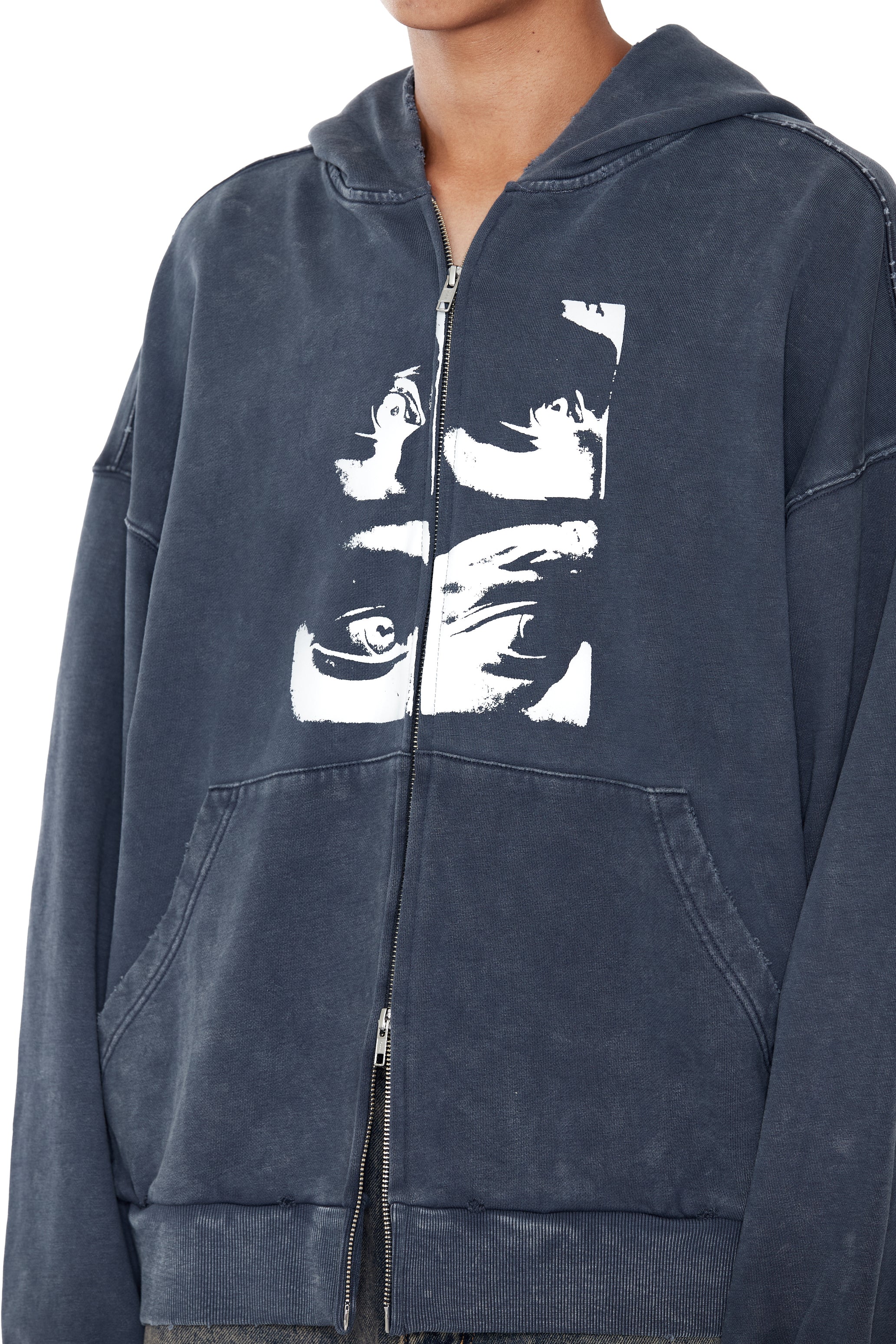 FADED NAVY WASHED PRINTED DISTRESSED ZIP UP HOODIE