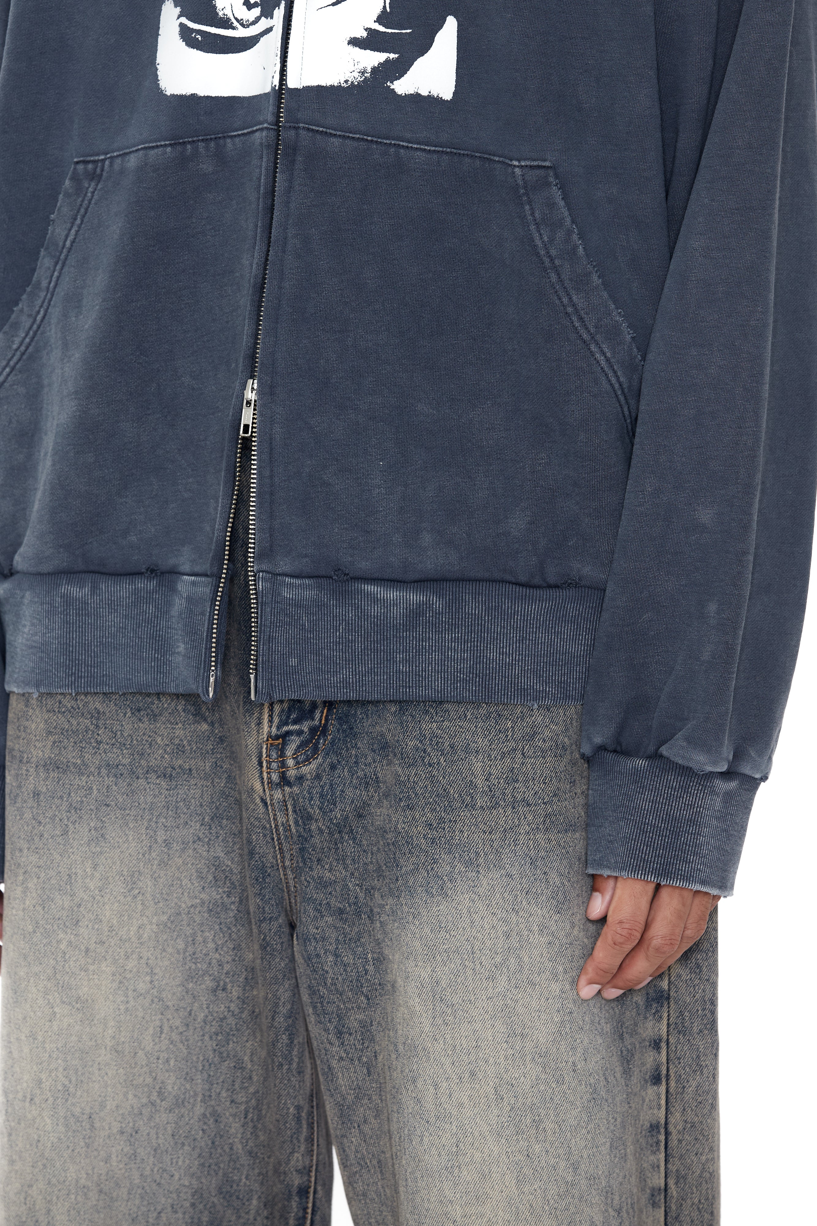 Load image into Gallery viewer, FADED NAVY WASHED PRINTED DISTRESSED ZIP UP HOODIE
