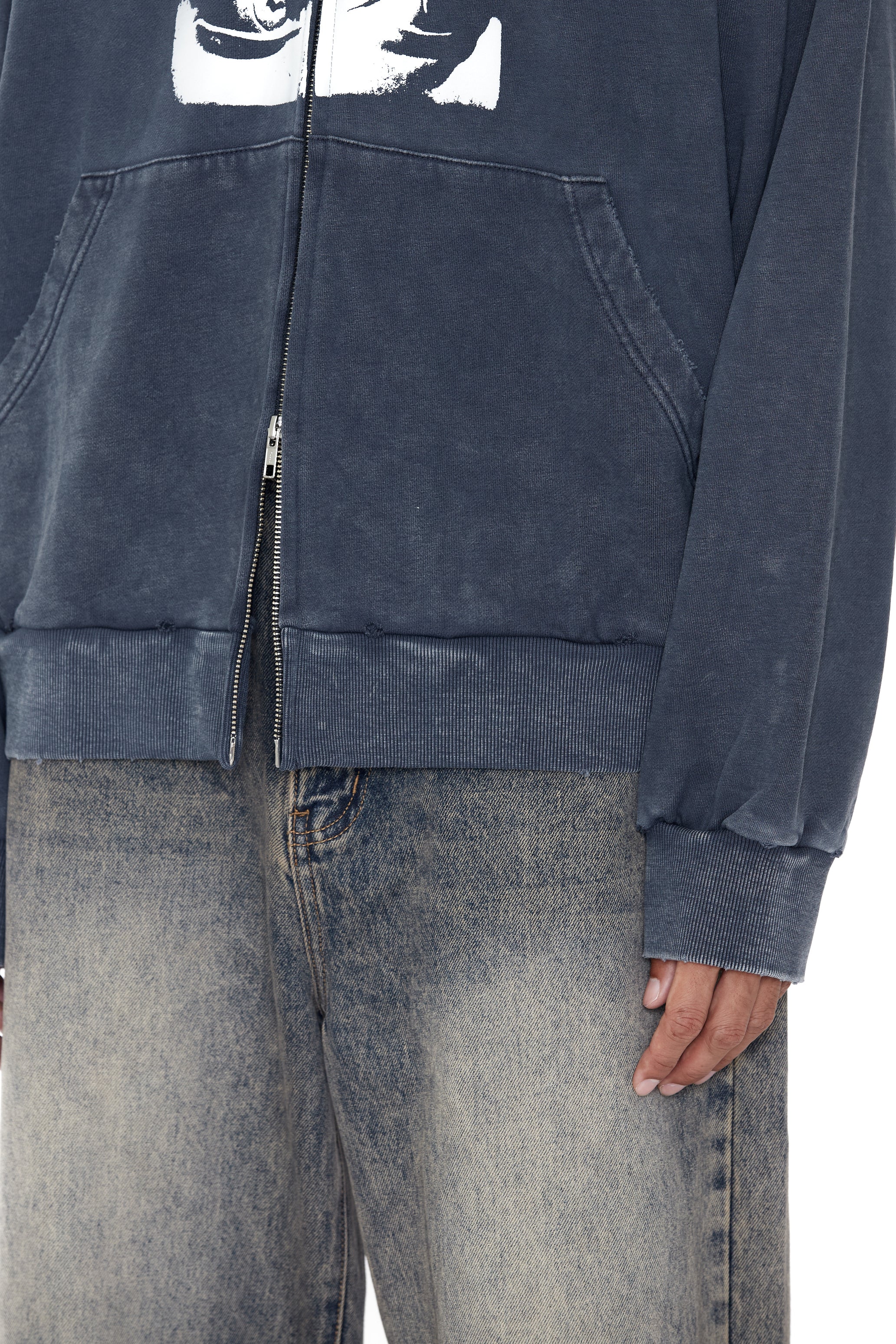 FADED NAVY WASHED PRINTED DISTRESSED ZIP UP HOODIE