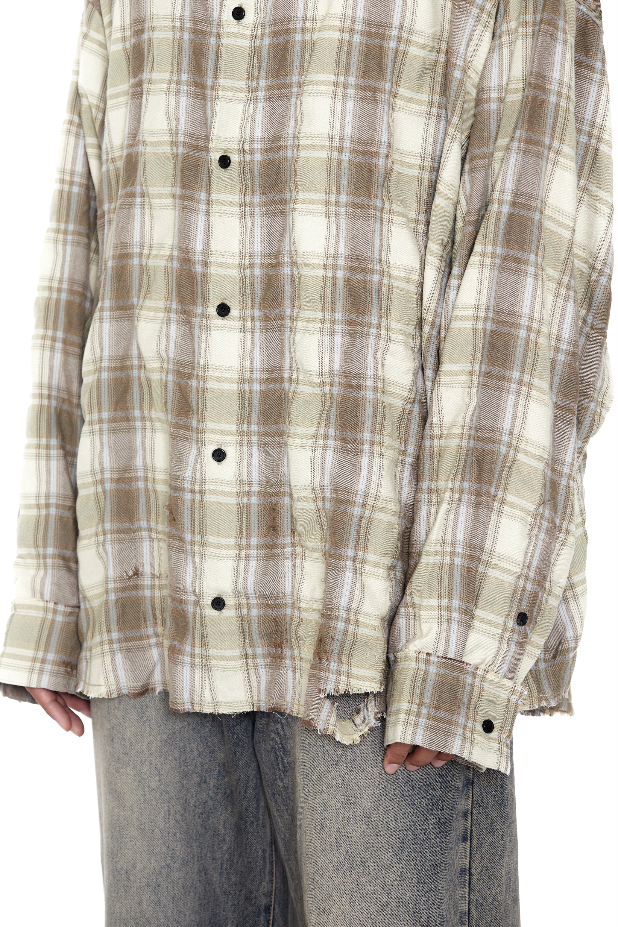 YELLOW BROWN CHECKED WASHED THRASHED STRUCTURED SHIRT