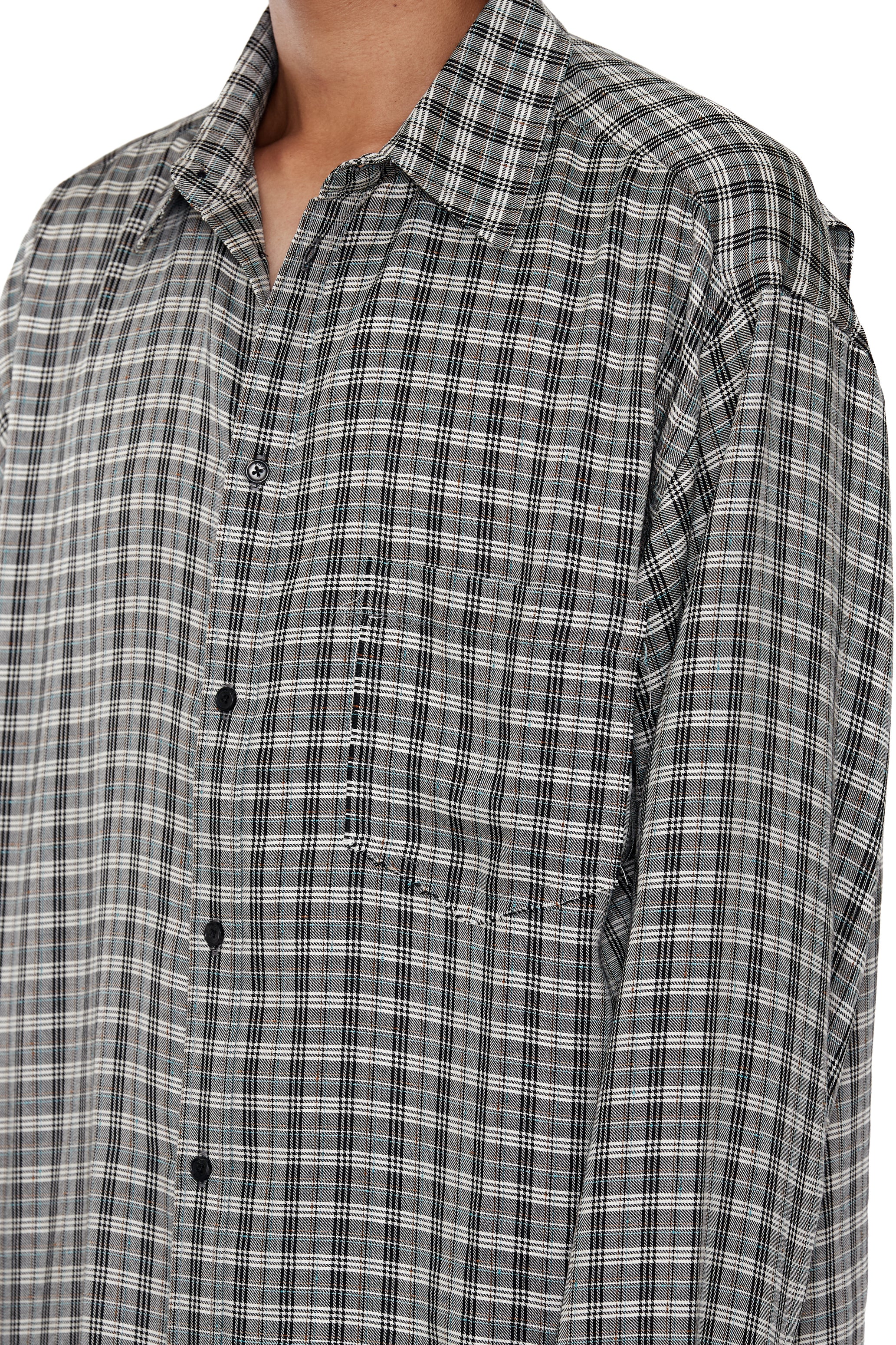 GREY CHECK VISCOSE RAW EDGES SHIFT SHIRT