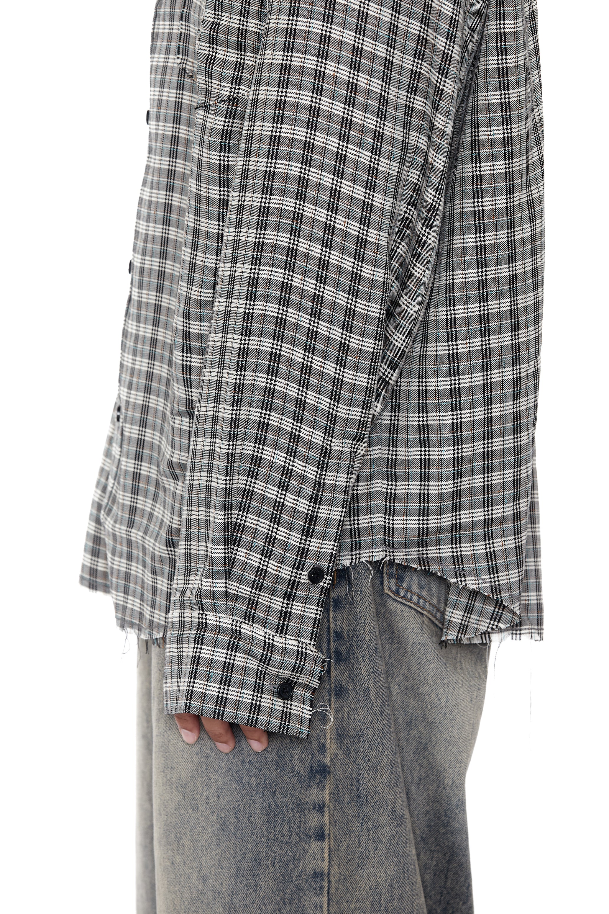 GREY CHECK VISCOSE RAW EDGES SHIFT SHIRT