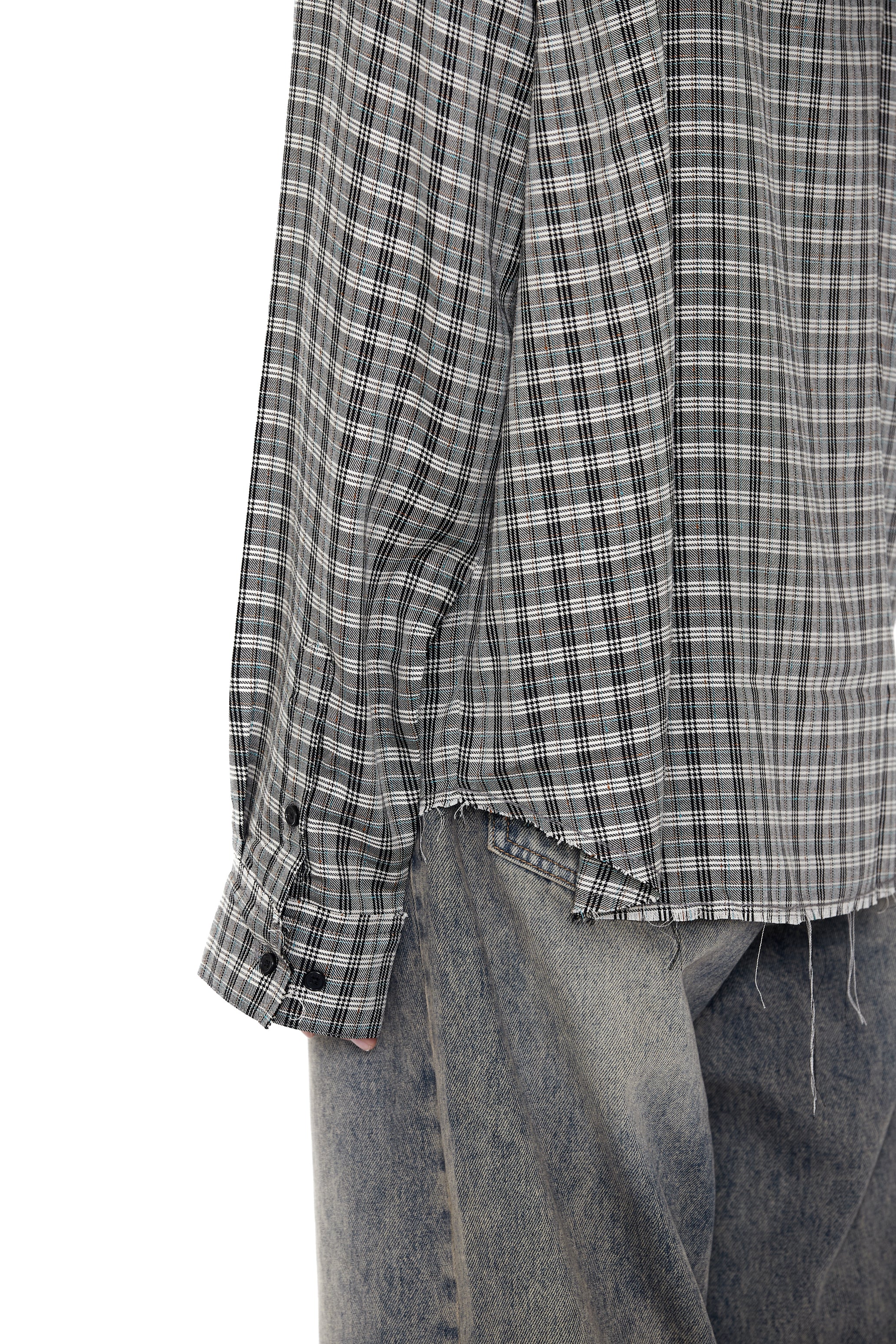 GREY CHECK VISCOSE RAW EDGES SHIFT SHIRT