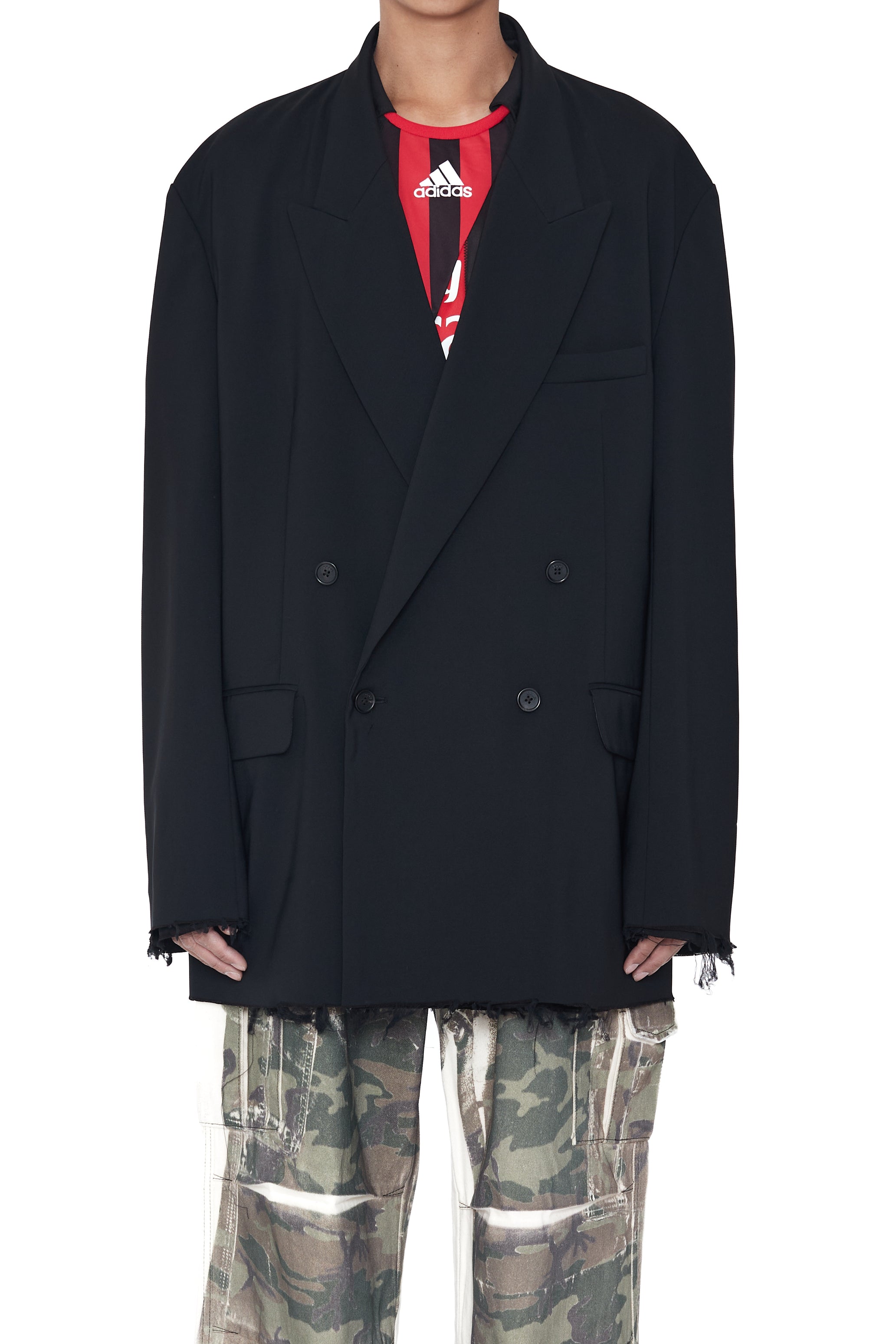 BLACK DISSOLVED DOUBLE BREASTED EXTENDED BLAZER