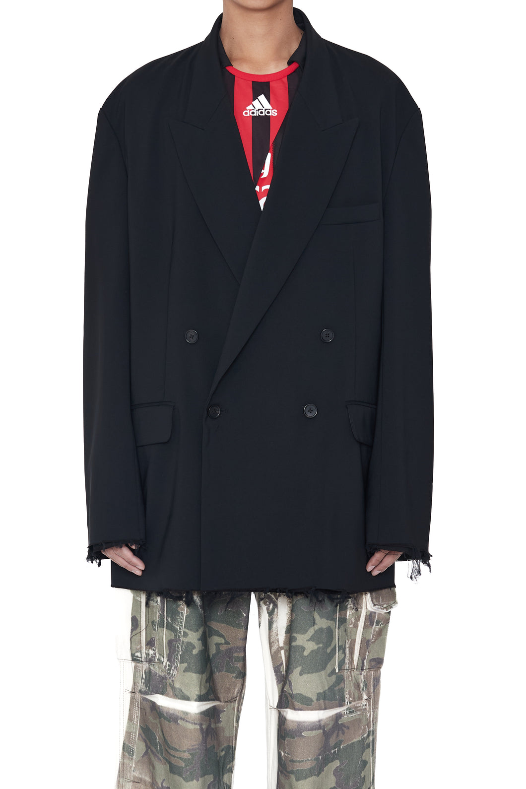 BLACK DISSOLVED DOUBLE BREASTED EXTENDED BLAZER