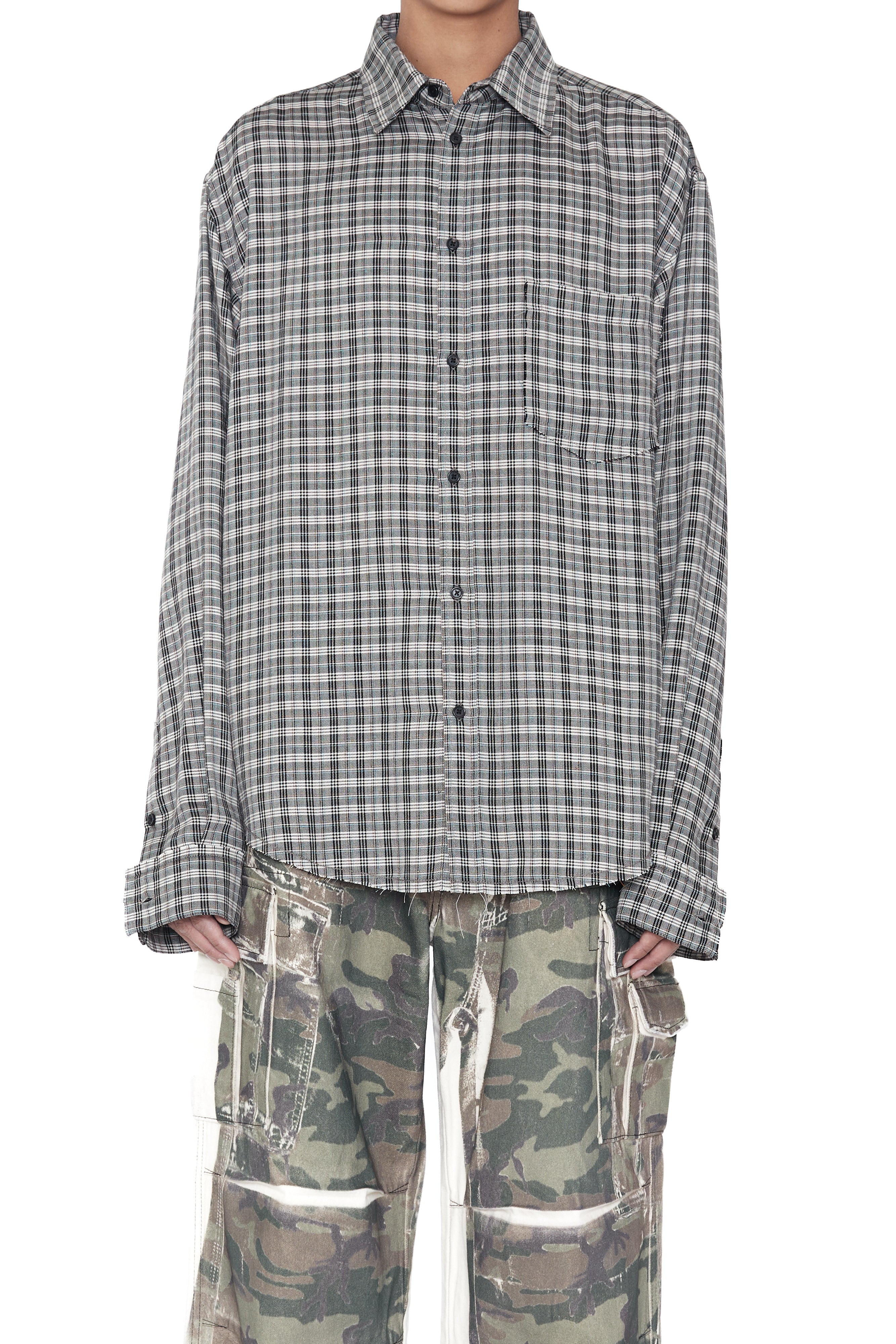 Load image into Gallery viewer, GREY CHECK VISCOSE RAW EDGES SHIFT SHIRT
