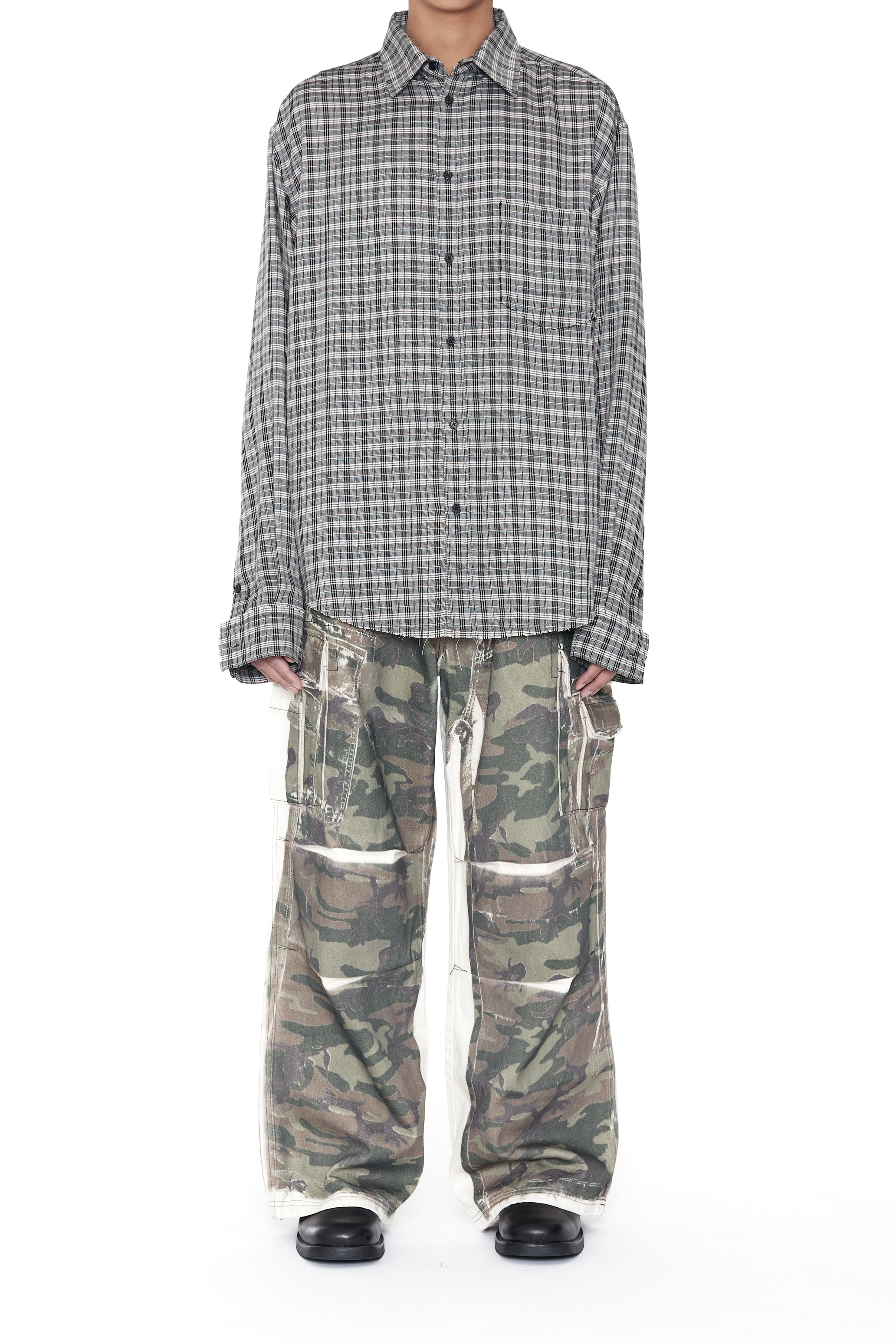 GREY CHECK VISCOSE RAW EDGES SHIFT SHIRT