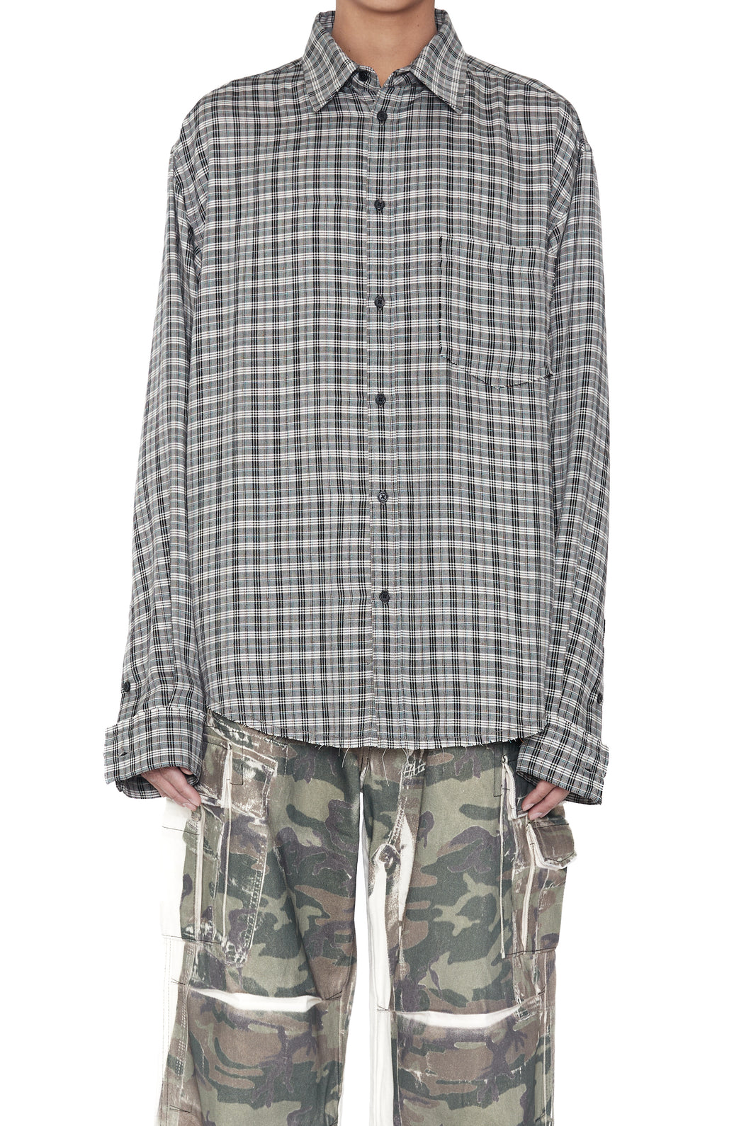 GREY CHECK VISCOSE RAW EDGES SHIFT SHIRT