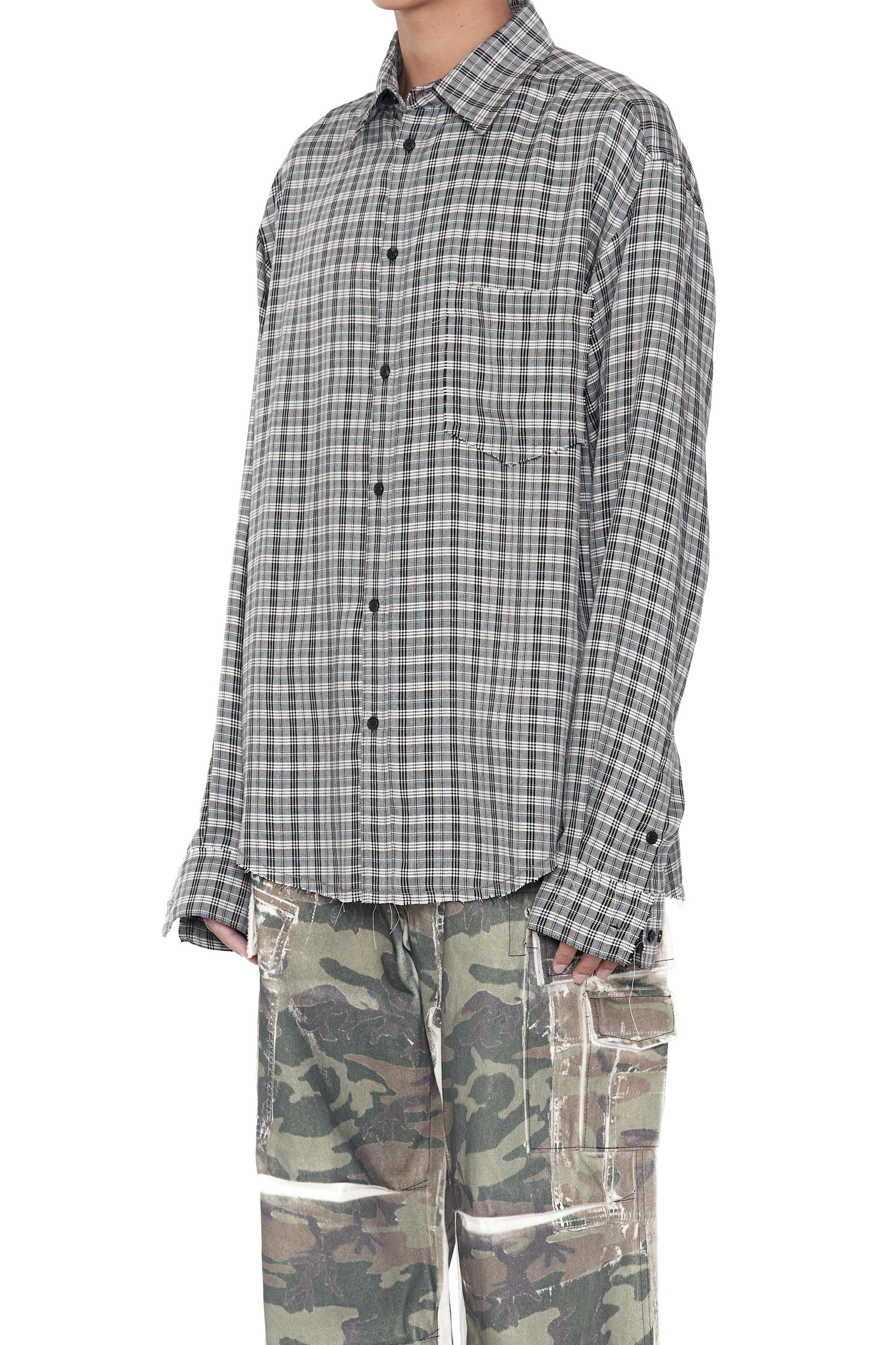 Load image into Gallery viewer, GREY CHECK VISCOSE RAW EDGES SHIFT SHIRT
