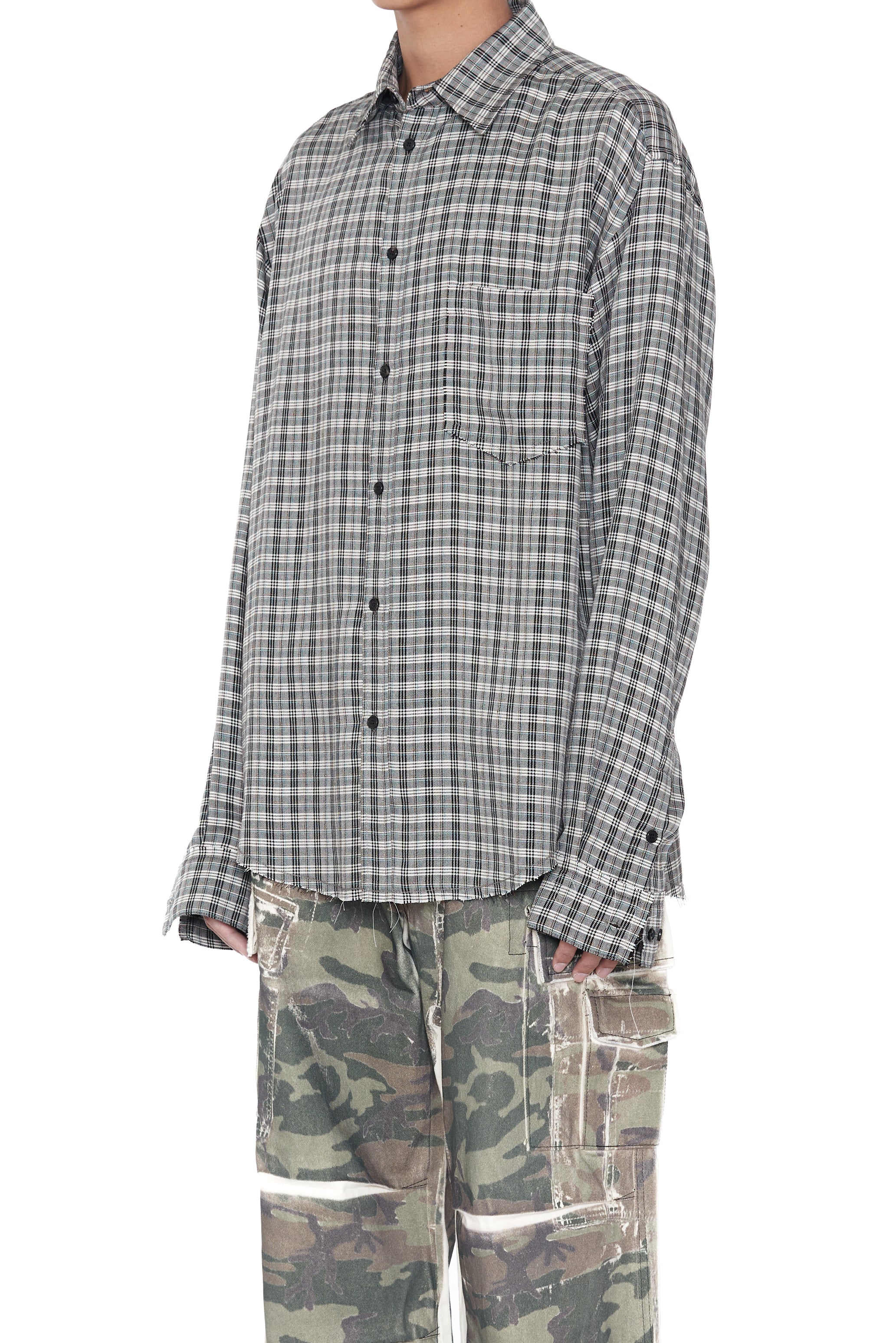 GREY CHECK VISCOSE RAW EDGES SHIFT SHIRT