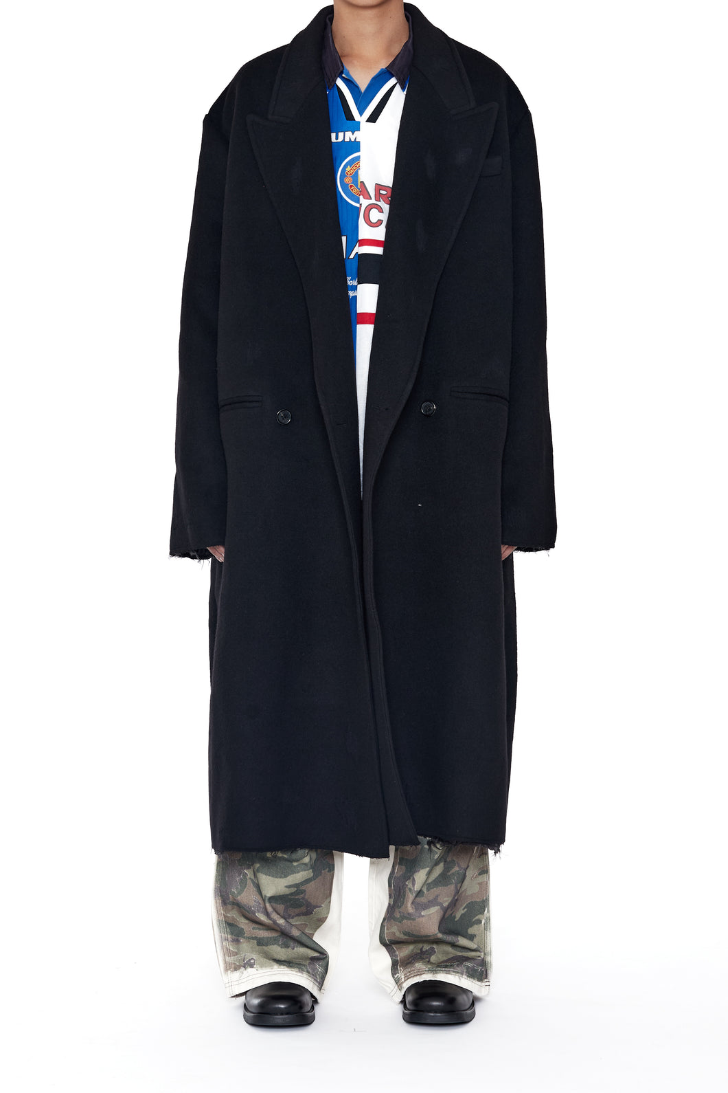 BLACK WOOL CUT OUT DISTRESSED DORIAN COAT