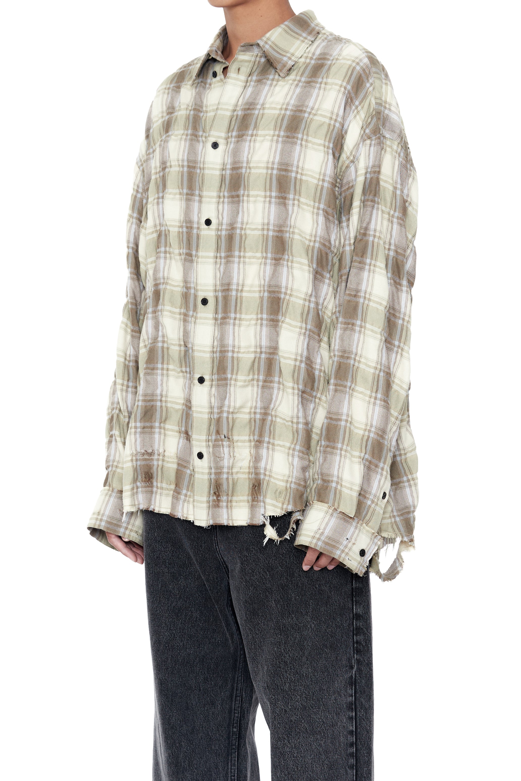 YELLOW BROWN CHECKED WASHED THRASHED STRUCTURED SHIRT