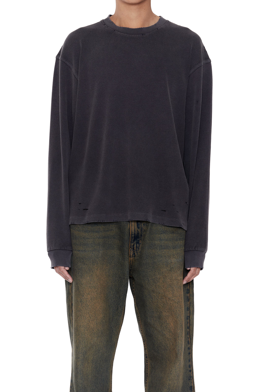 FADED BLACK AGING DAMAGED LONG SLEEVE WAFFLE TOPS