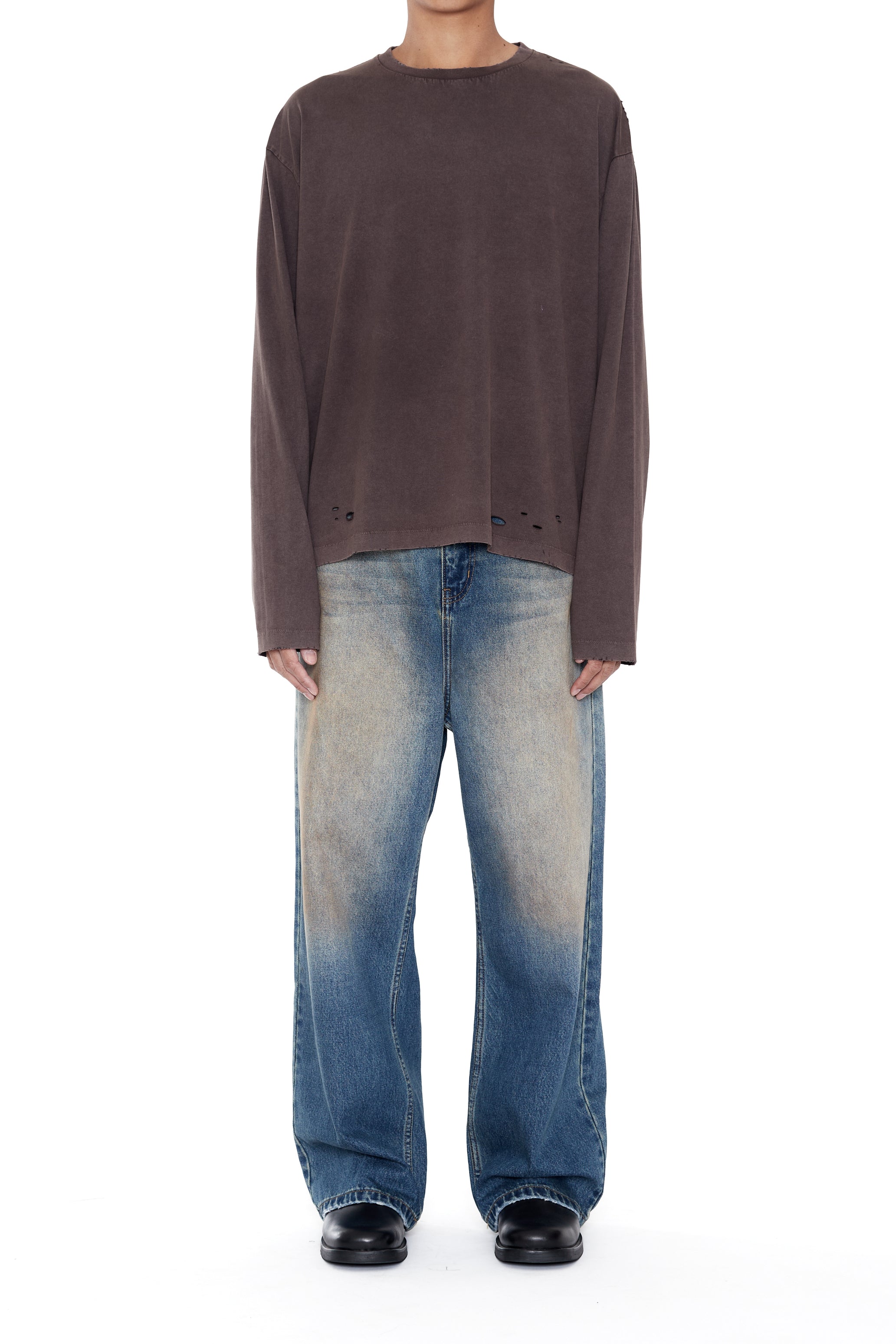 FADED GREY AGING DAMAGED LONG SLEEVE T-SHIRT