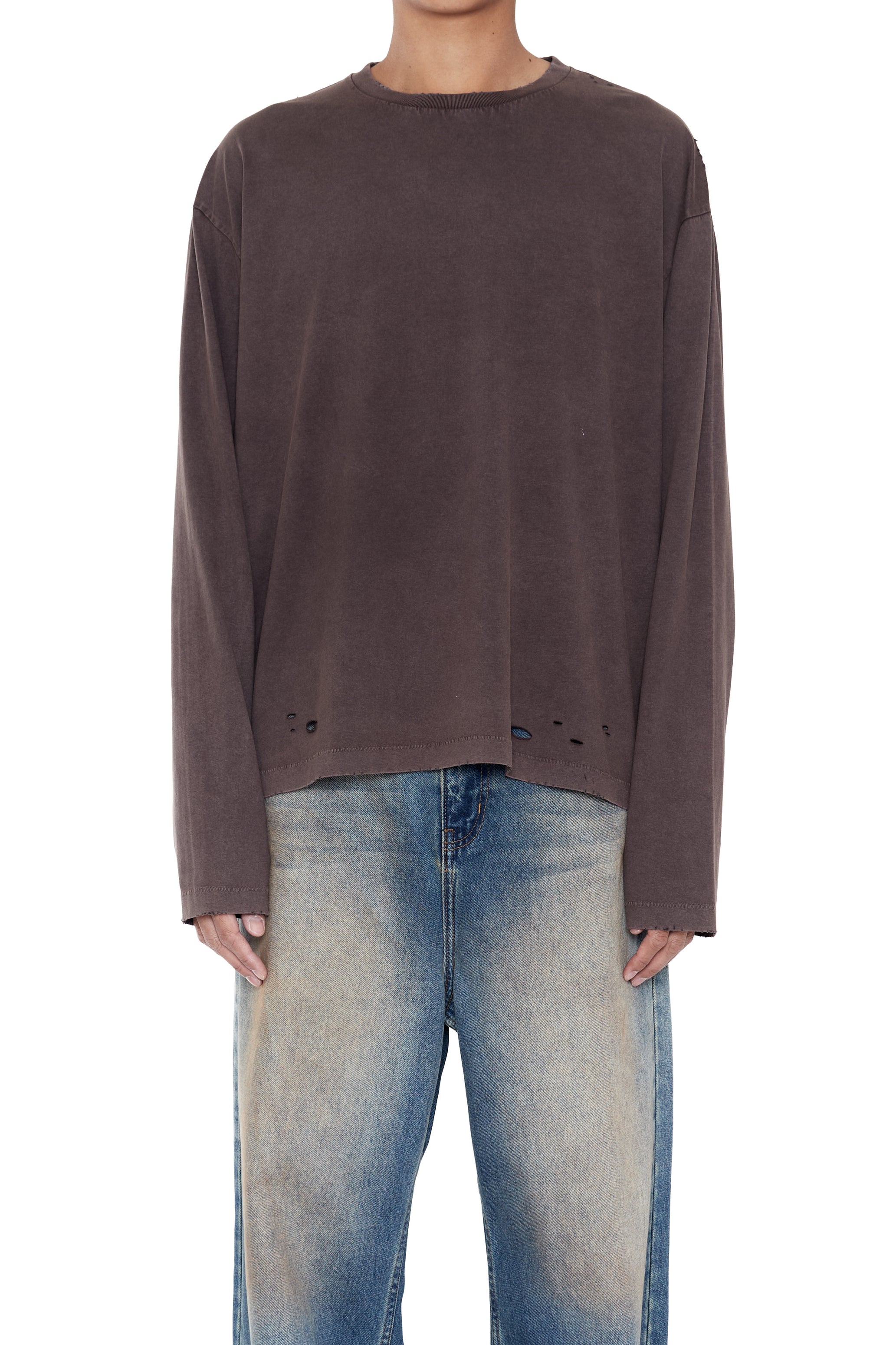 FADED GREY AGING DAMAGED LONG SLEEVE T-SHIRT