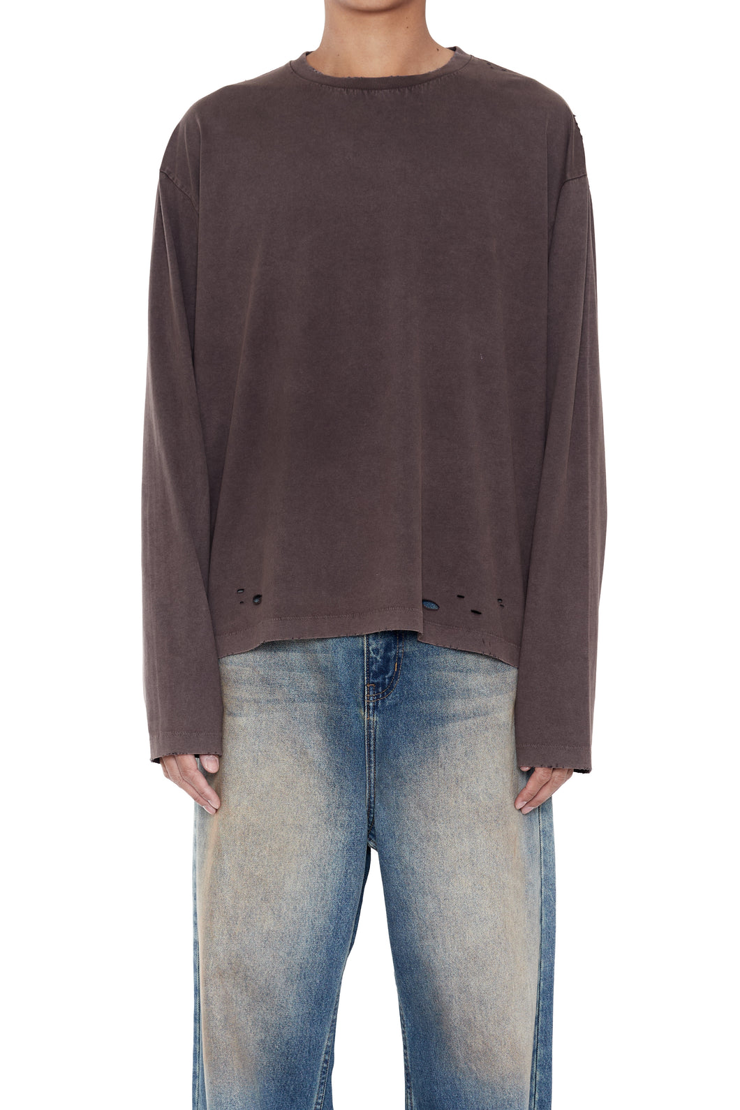 FADED GREY AGING DAMAGED LONG SLEEVE T-SHIRT