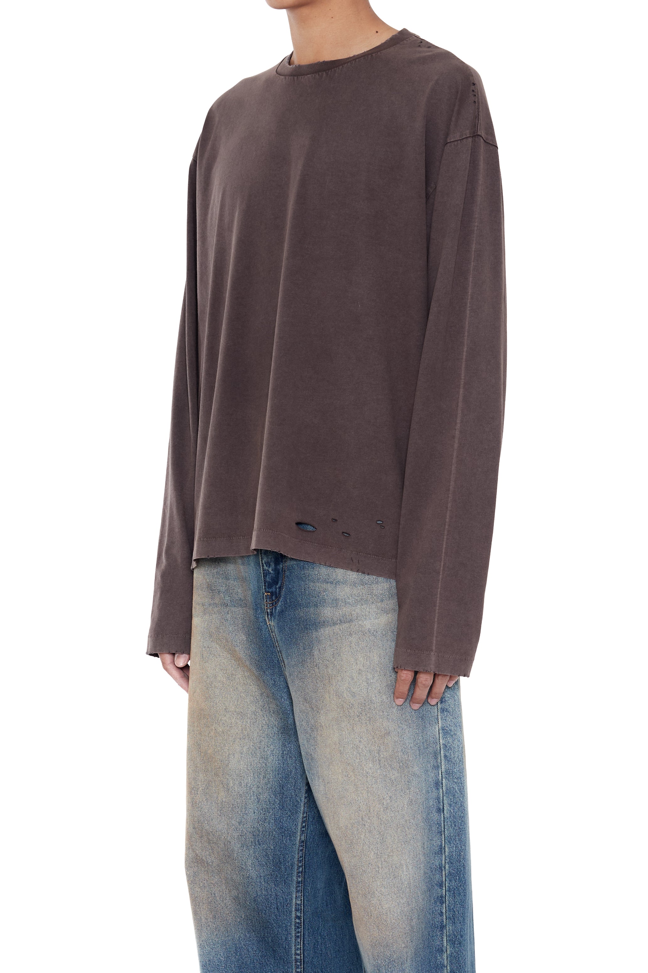 FADED GREY AGING DAMAGED LONG SLEEVE T-SHIRT