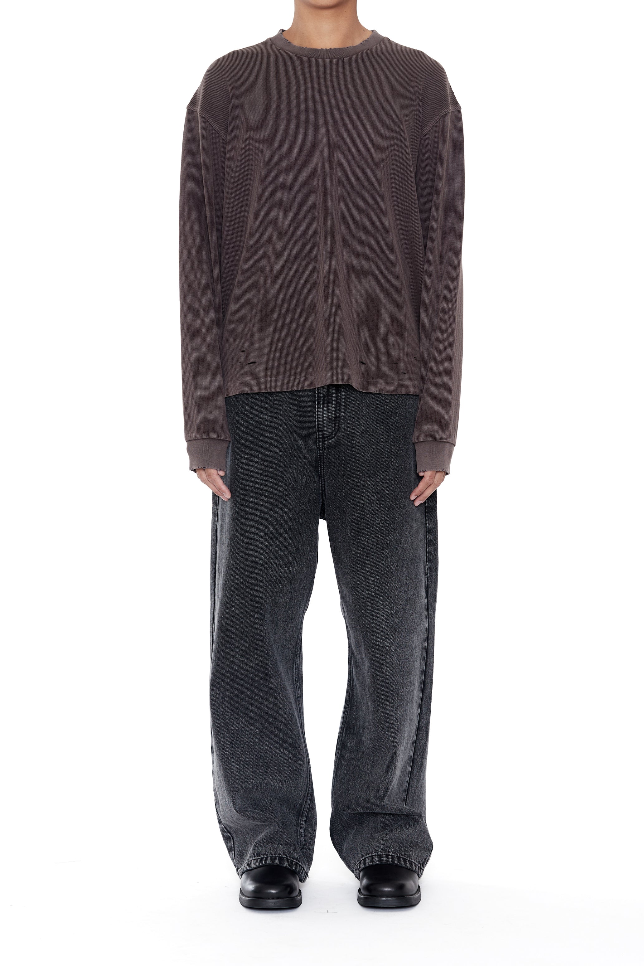 FADED GREY AGING DAMAGED LONG SLEEVE WAFFLE TOPS