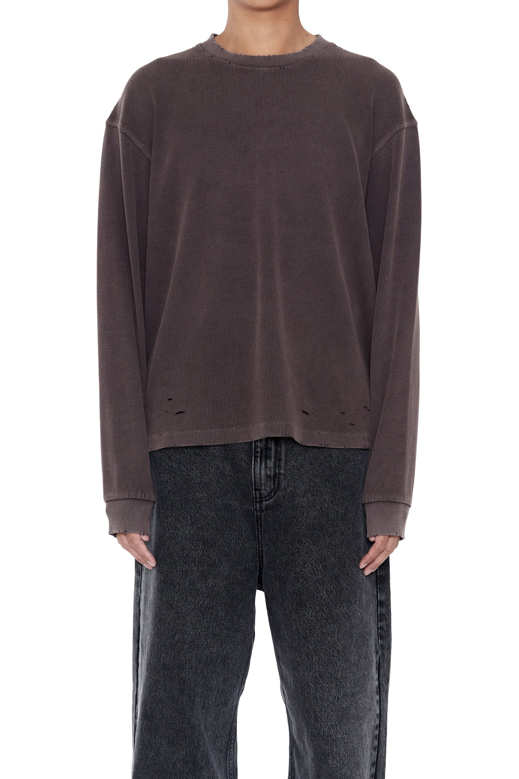 FADED GREY AGING DAMAGED LONG SLEEVE WAFFLE TOPS