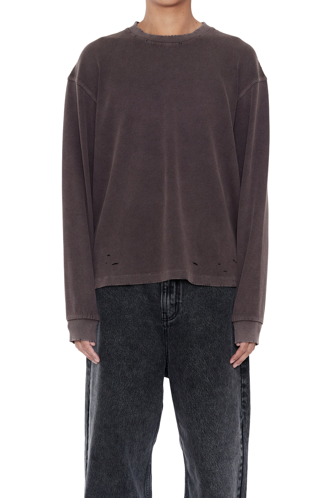 FADED GREY AGING DAMAGED LONG SLEEVE WAFFLE TOPS