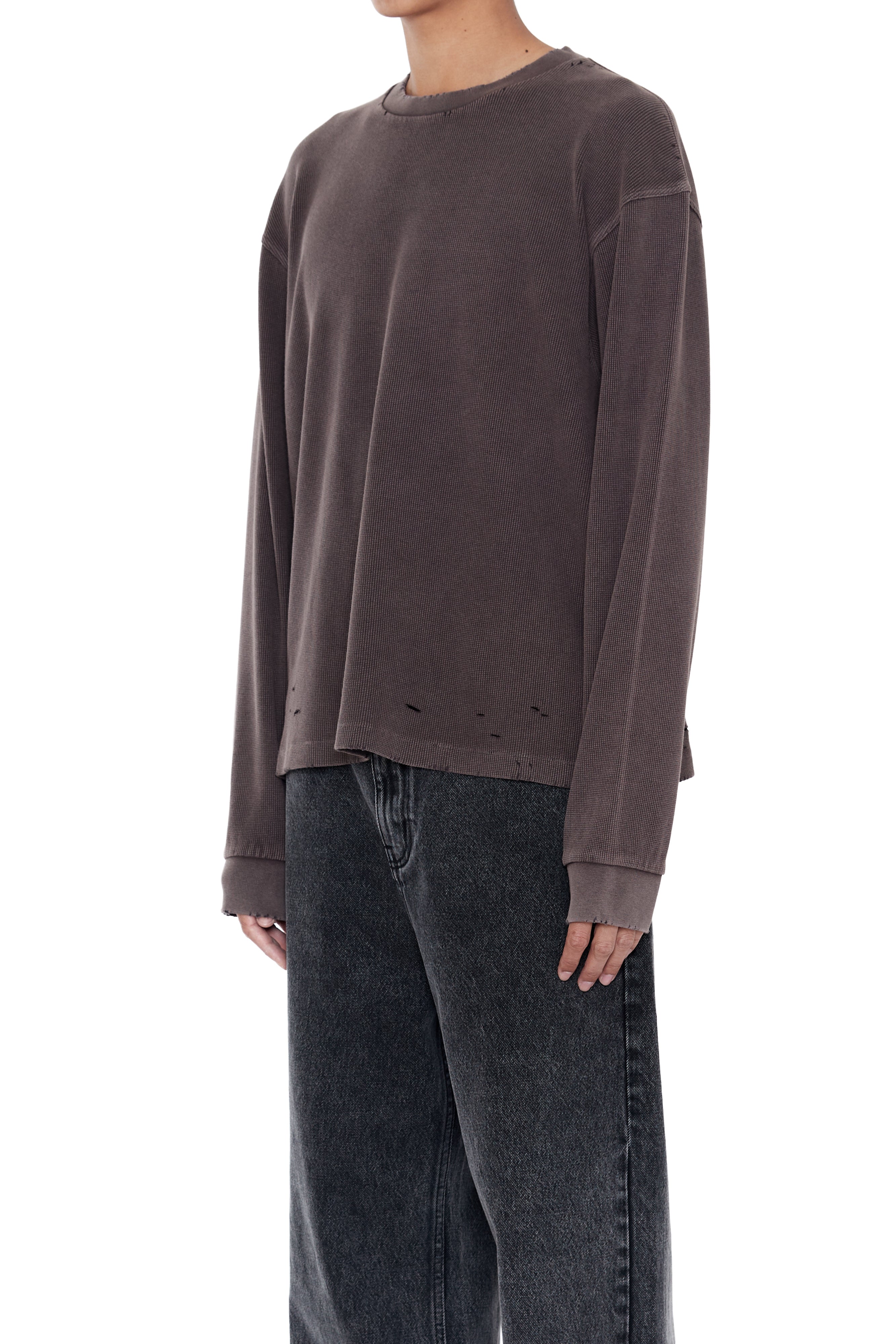 Load image into Gallery viewer, FADED GREY AGING DAMAGED LONG SLEEVE WAFFLE TOPS
