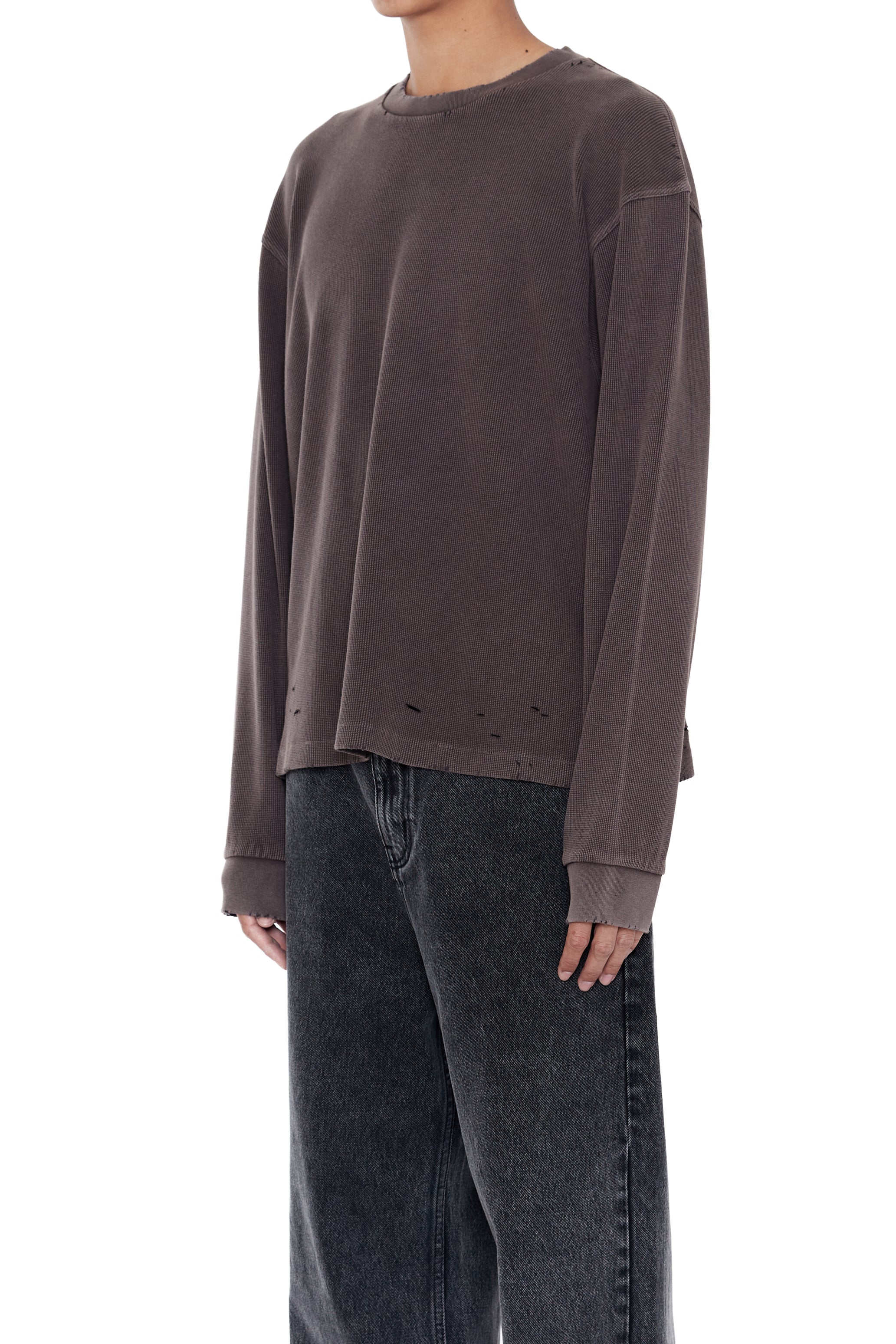 FADED GREY AGING DAMAGED LONG SLEEVE WAFFLE TOPS