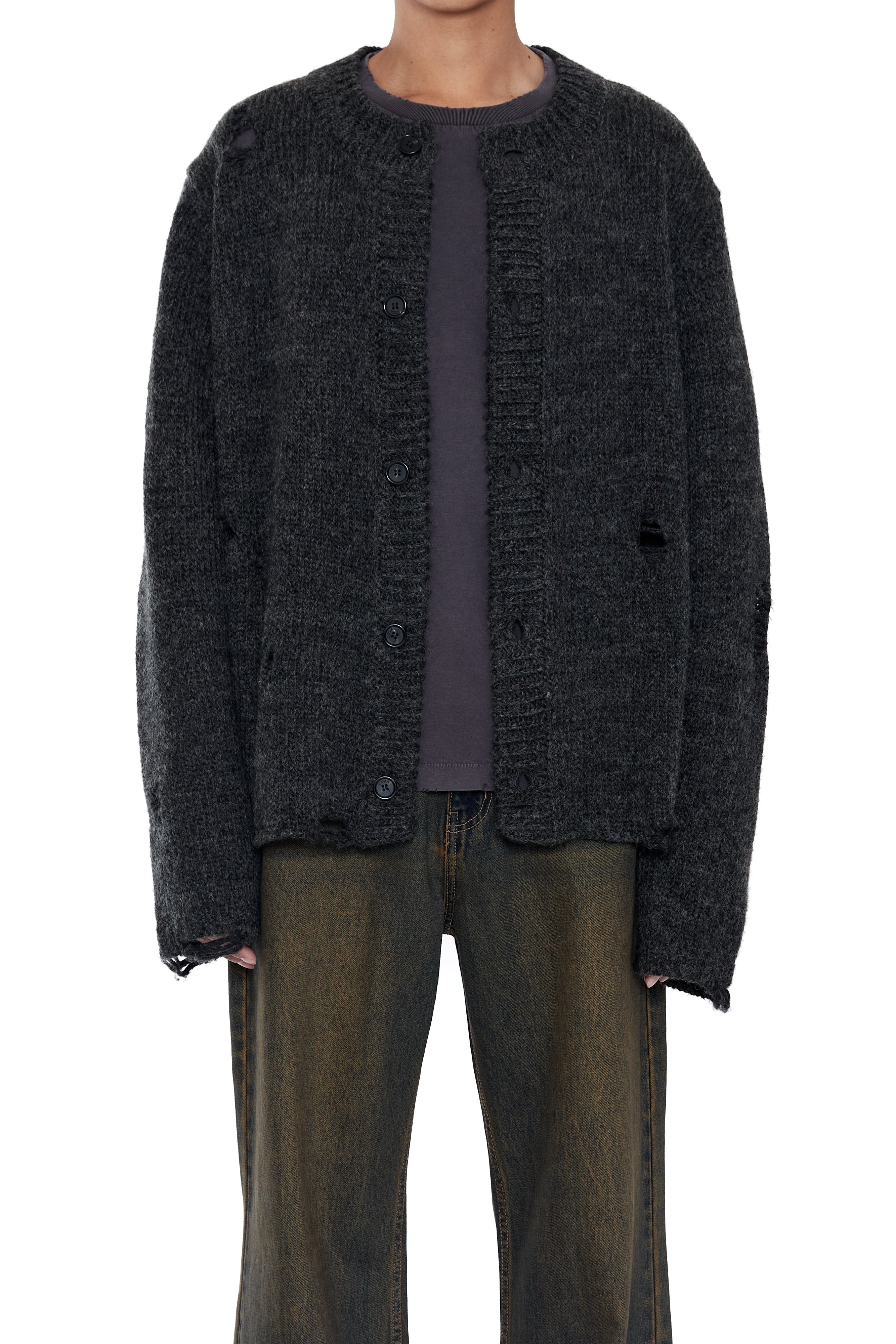 Load image into Gallery viewer, DARK GREY 90S ROUND NECK THRASHED CARDIGAN
