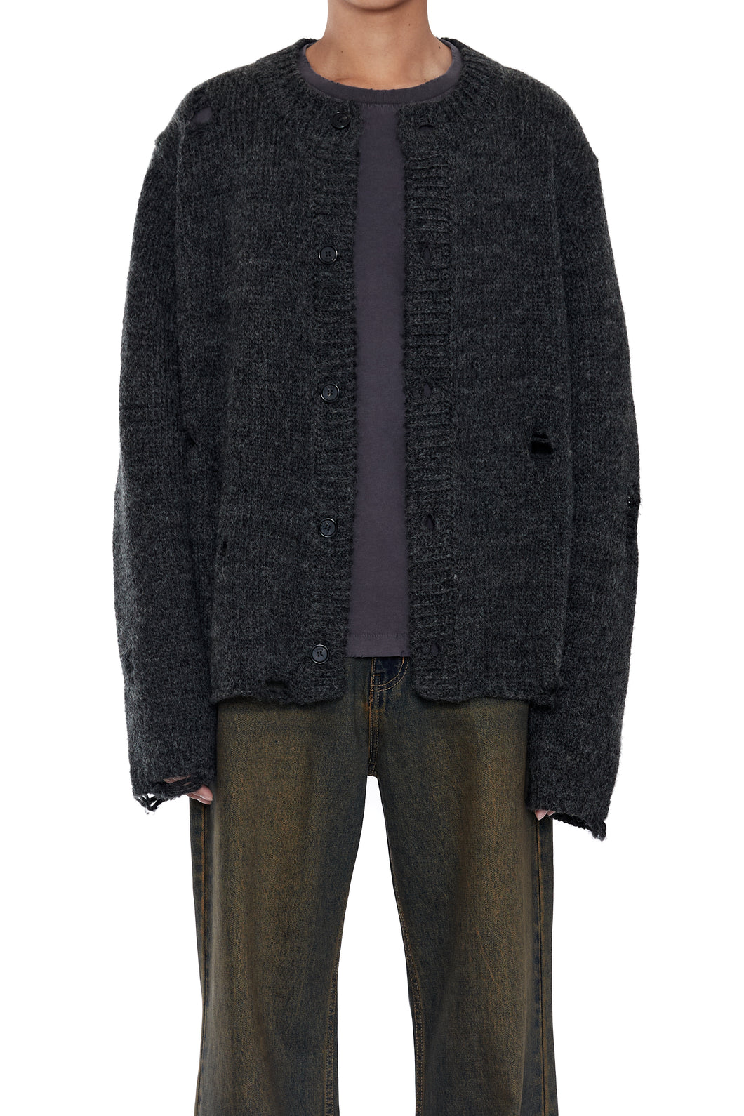 DARK GREY 90S ROUND NECK THRASHED CARDIGAN