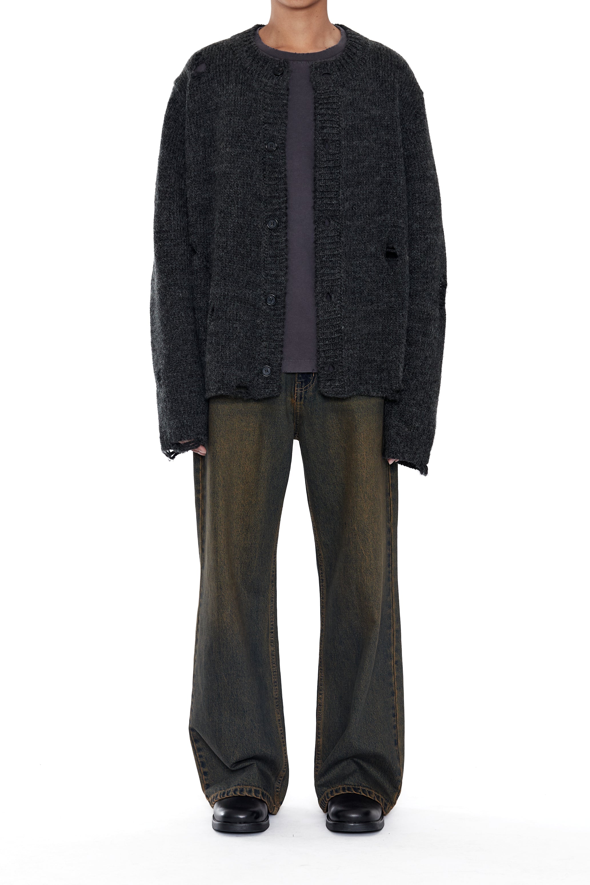 DARK GREY 90S ROUND NECK THRASHED CARDIGAN