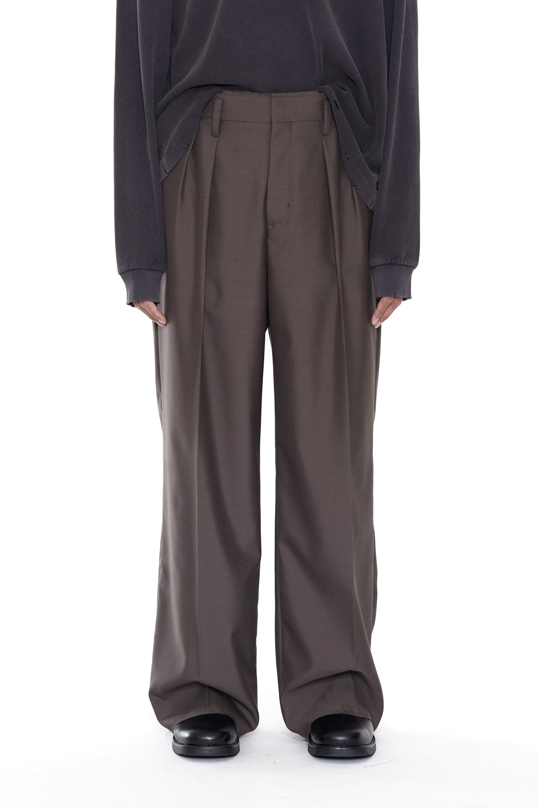 BROWN WOOL POLY INVERTED TUCKS SLACKS
