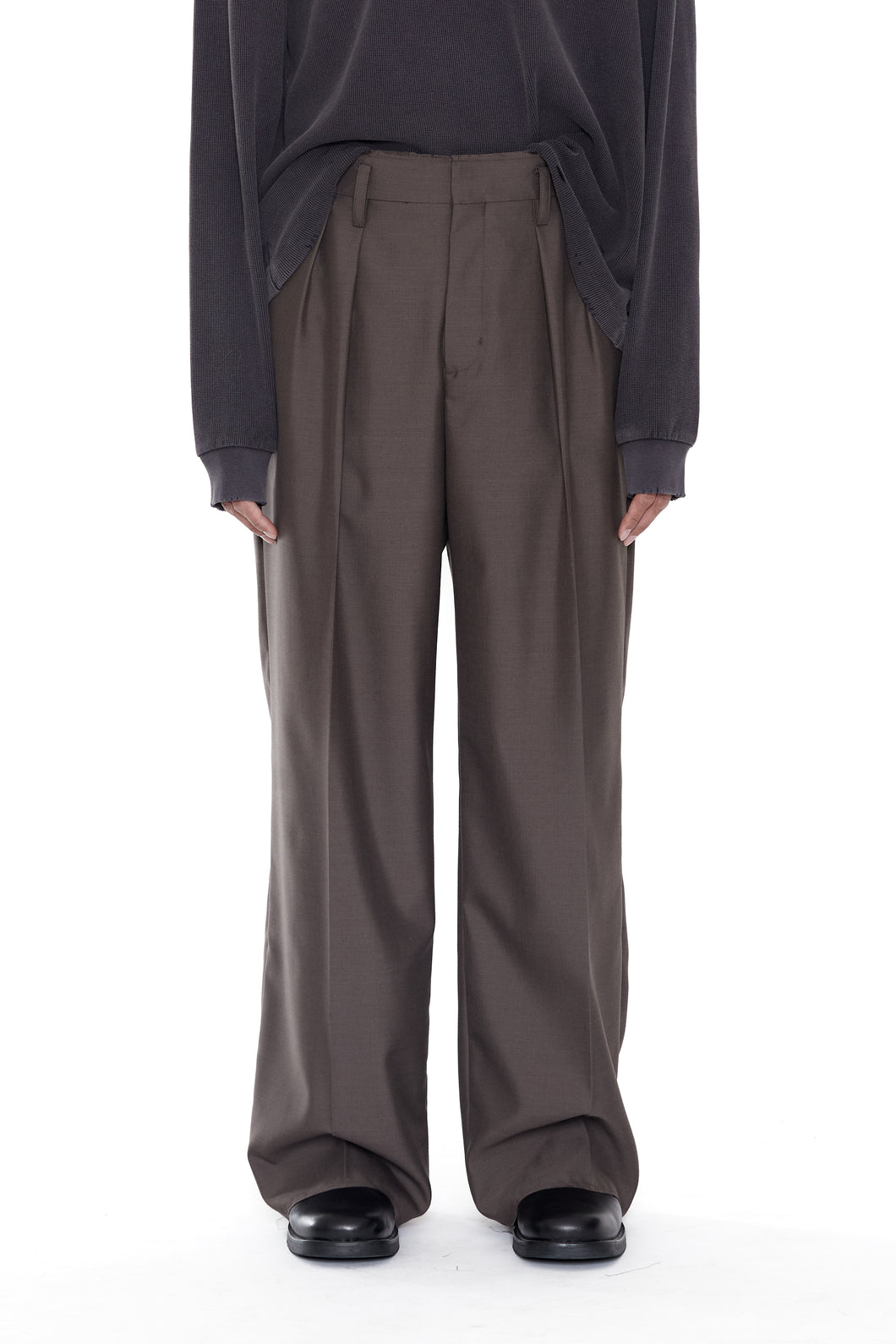 BROWN WOOL POLY INVERTED TUCKS SLACKS