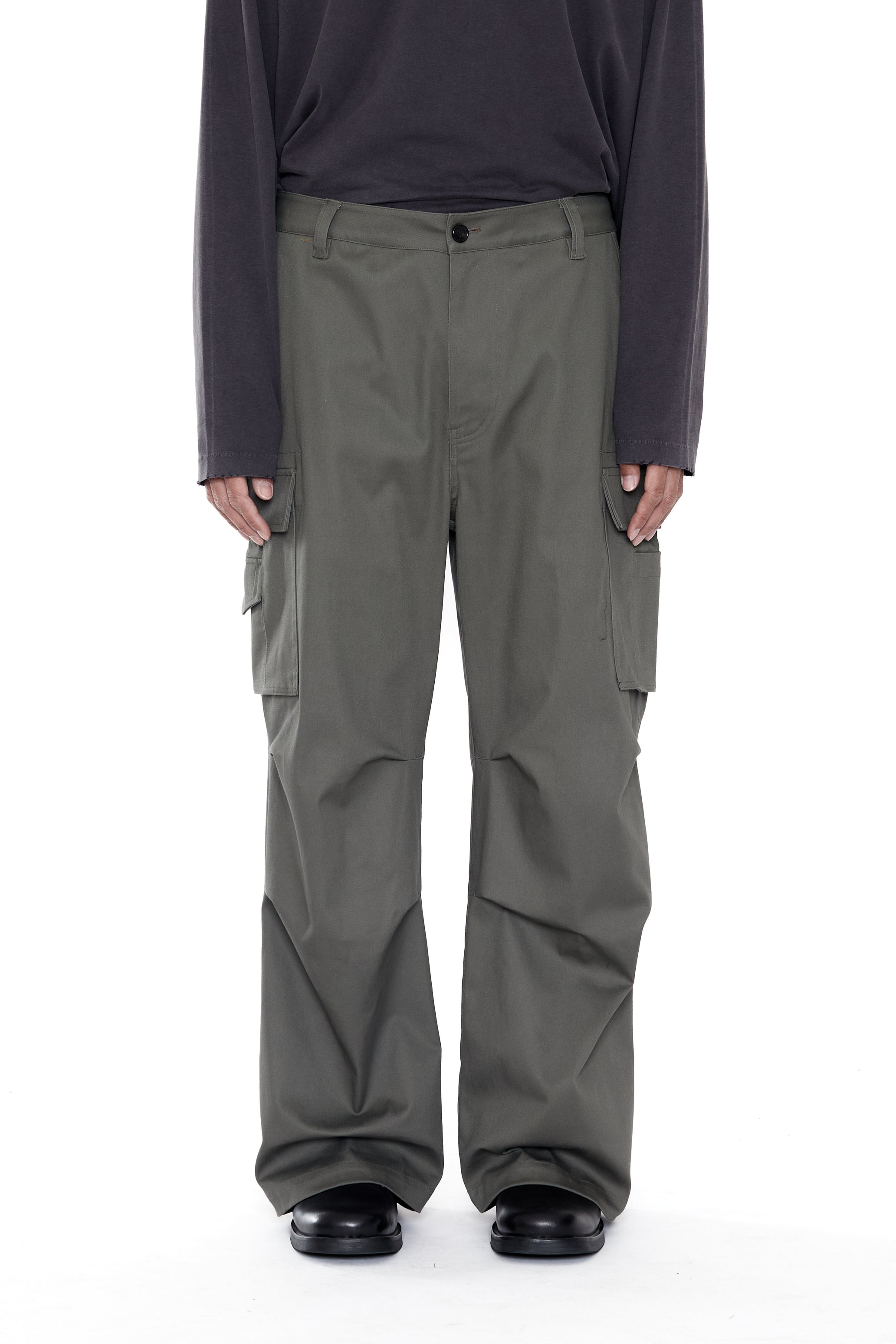 KHAKI COTTON WASHED DROPPED CARGO PANTS