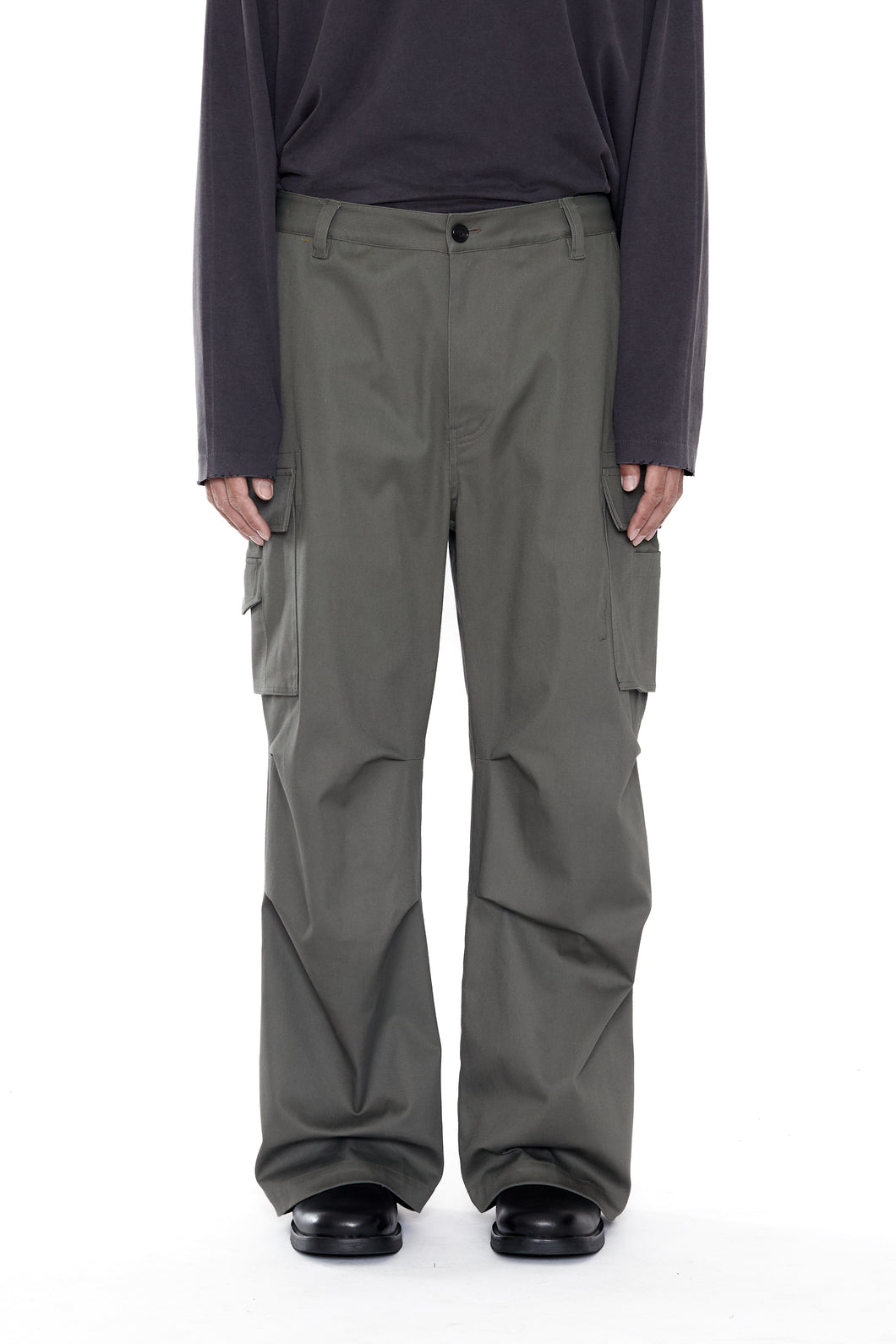 KHAKI COTTON WASHED DROPPED CARGO PANTS