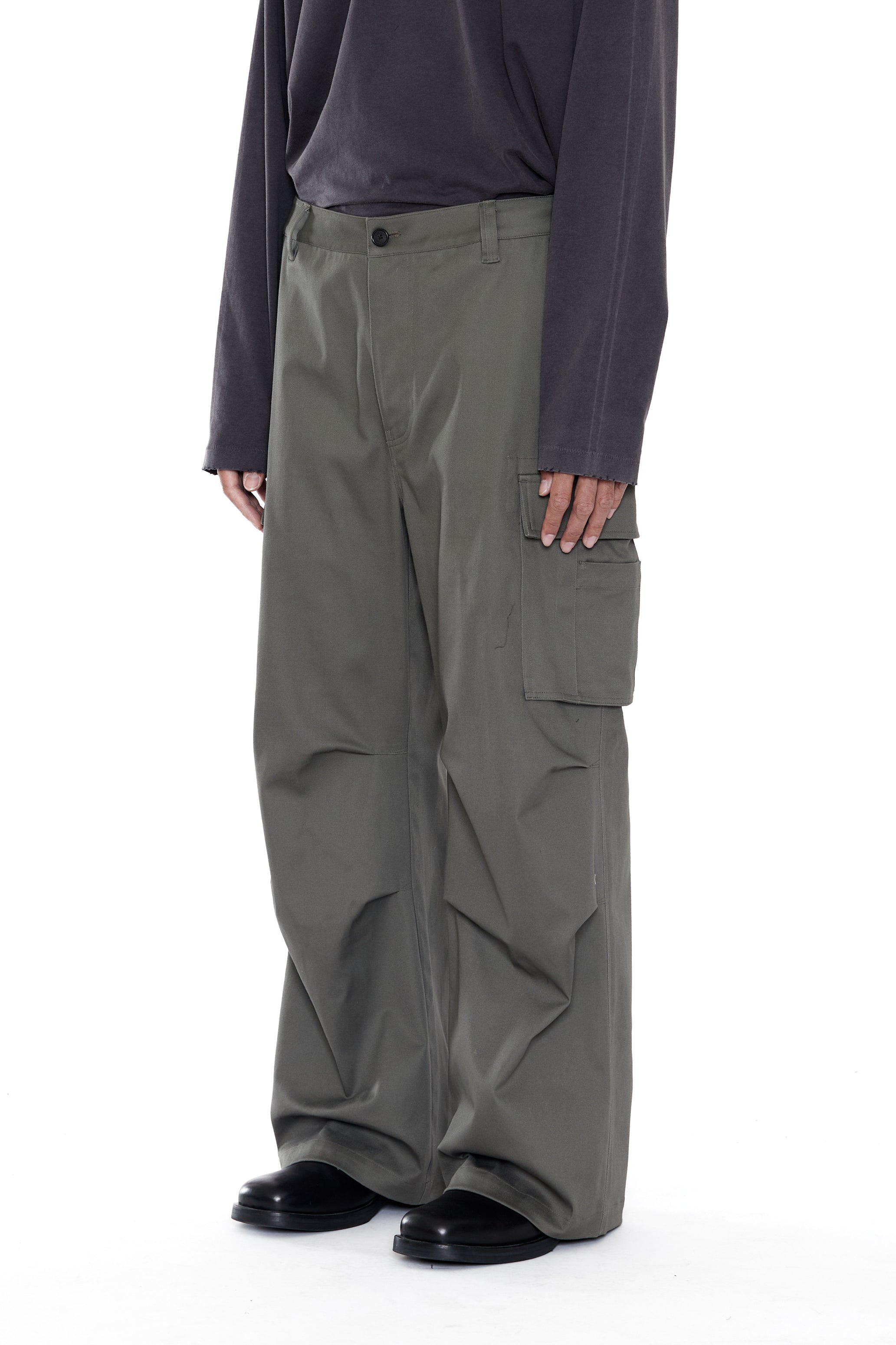 KHAKI COTTON WASHED DROPPED CARGO PANTS