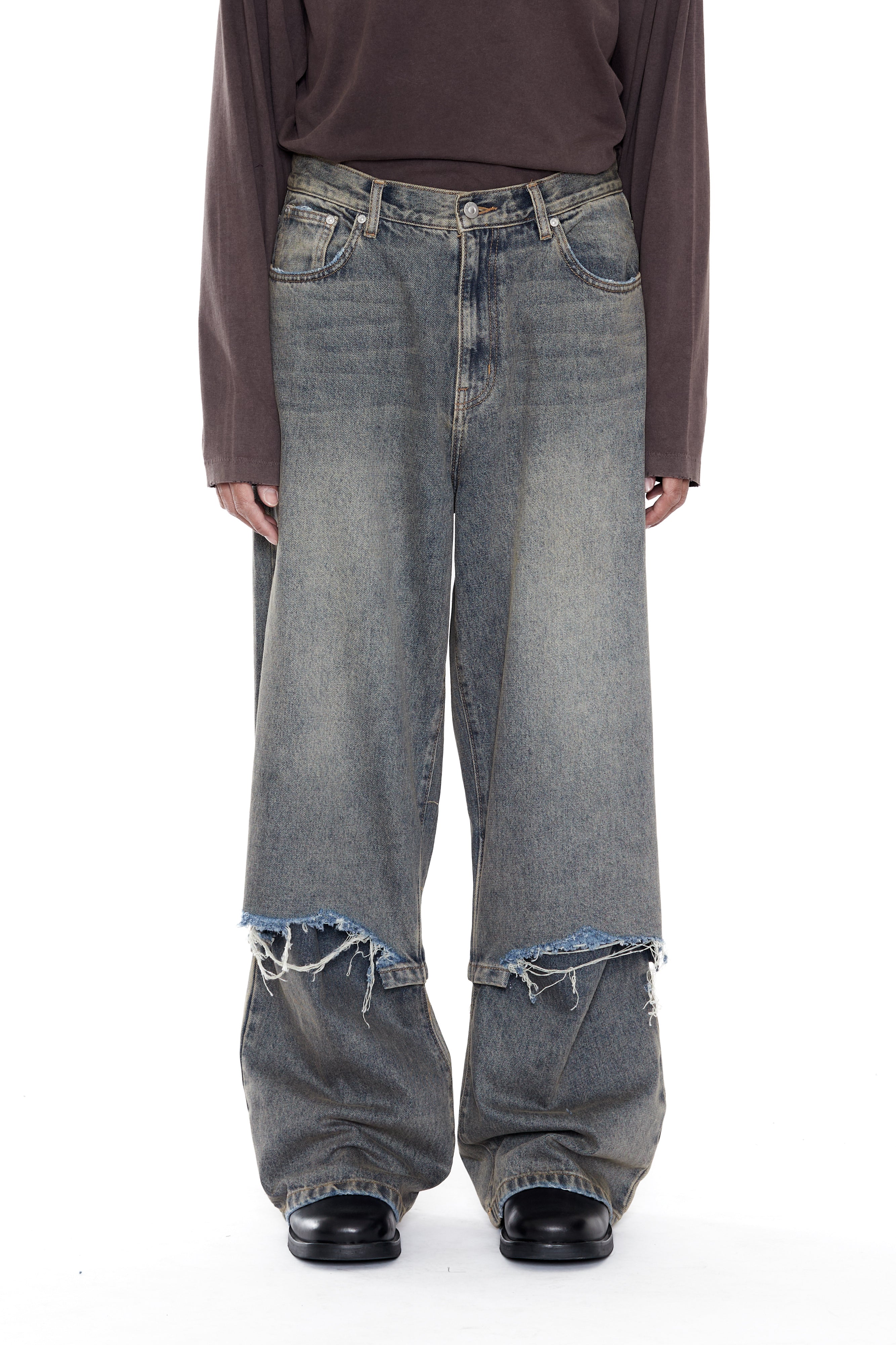 Load image into Gallery viewer, GREY ACID WASH LAYERED HYBRID JEANS
